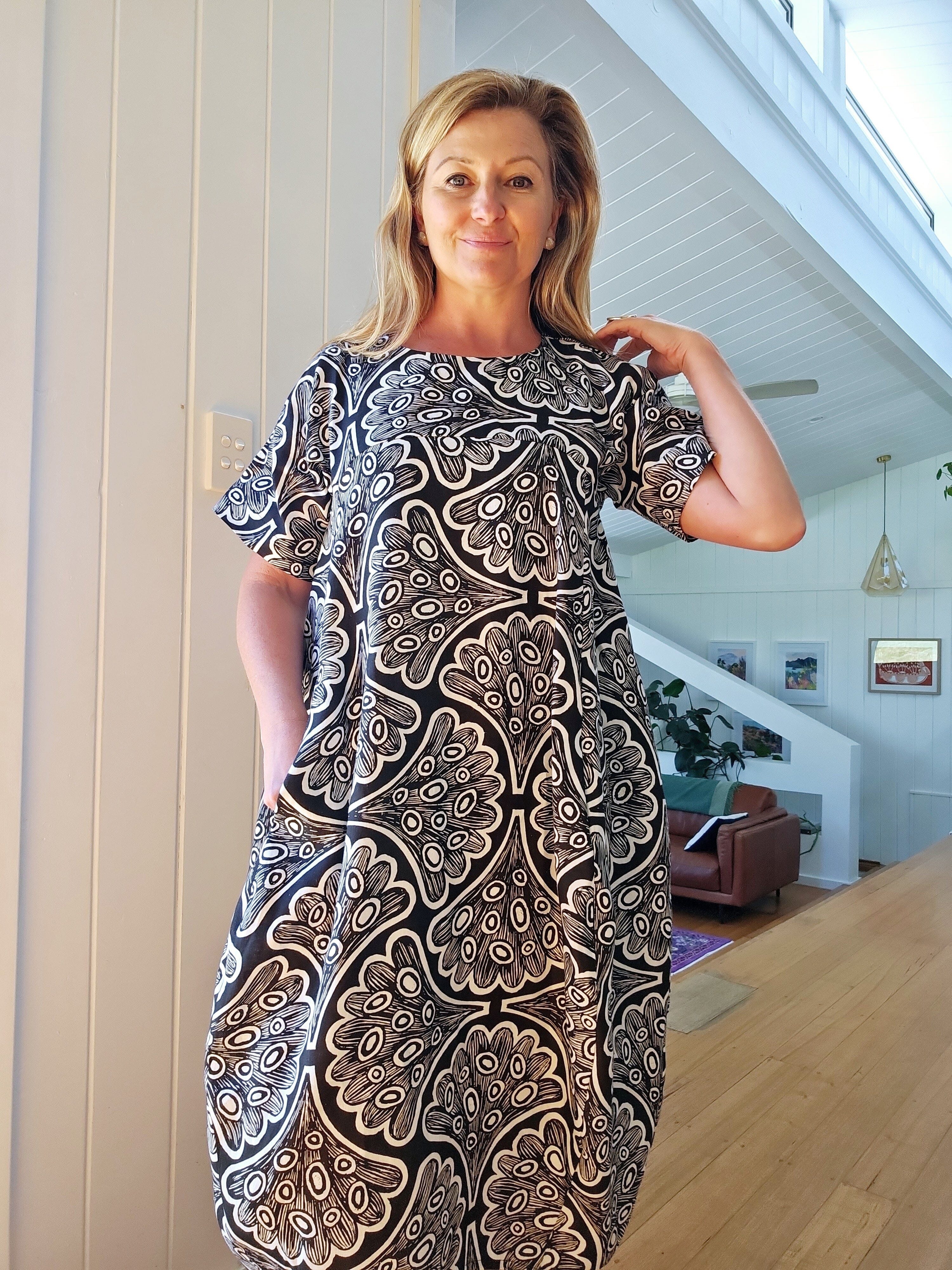 Organic Linen Cocoon Dress - Galaxias Fish Dress The Spotted Quoll 