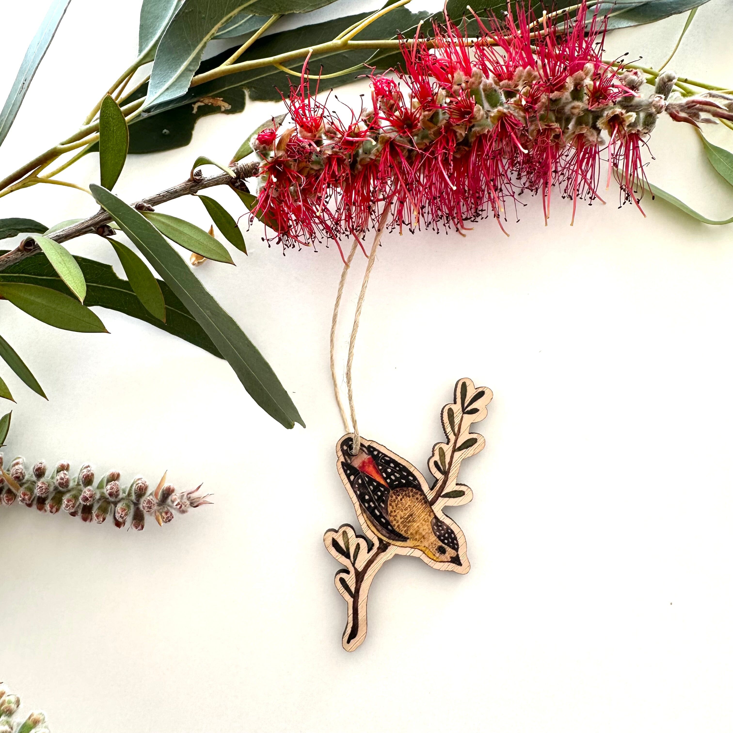 Christmas Decorations - Printed Tasmanian Oak homewares The Spotted Quoll Spotted Pardalote 