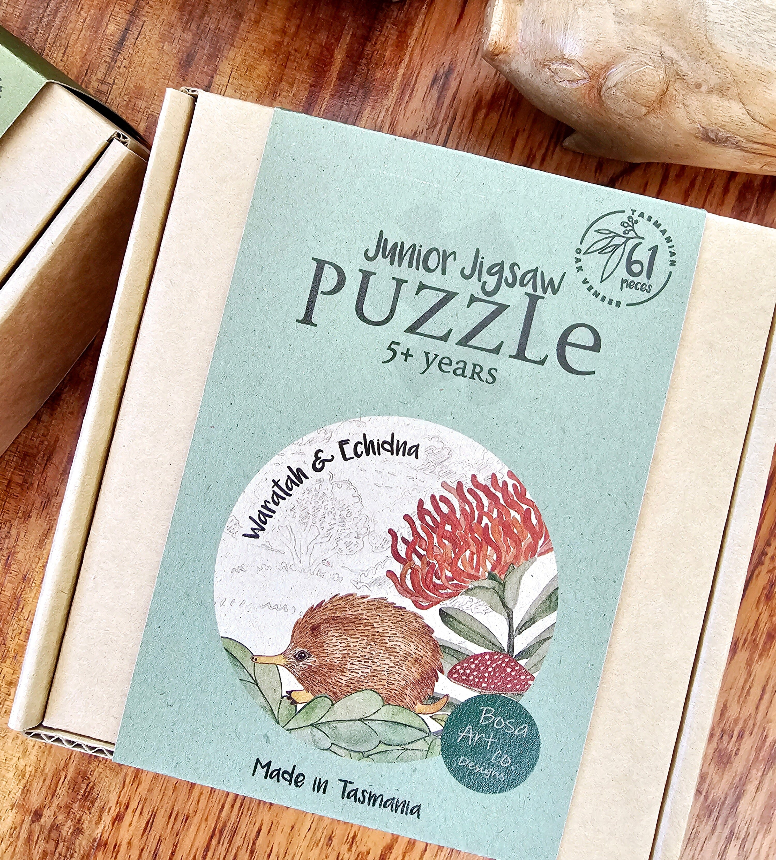 Junior Jigsaw Puzzle - Tasmanian Oak Veneer puzzle The Spotted Quoll Waratah & Echidna 