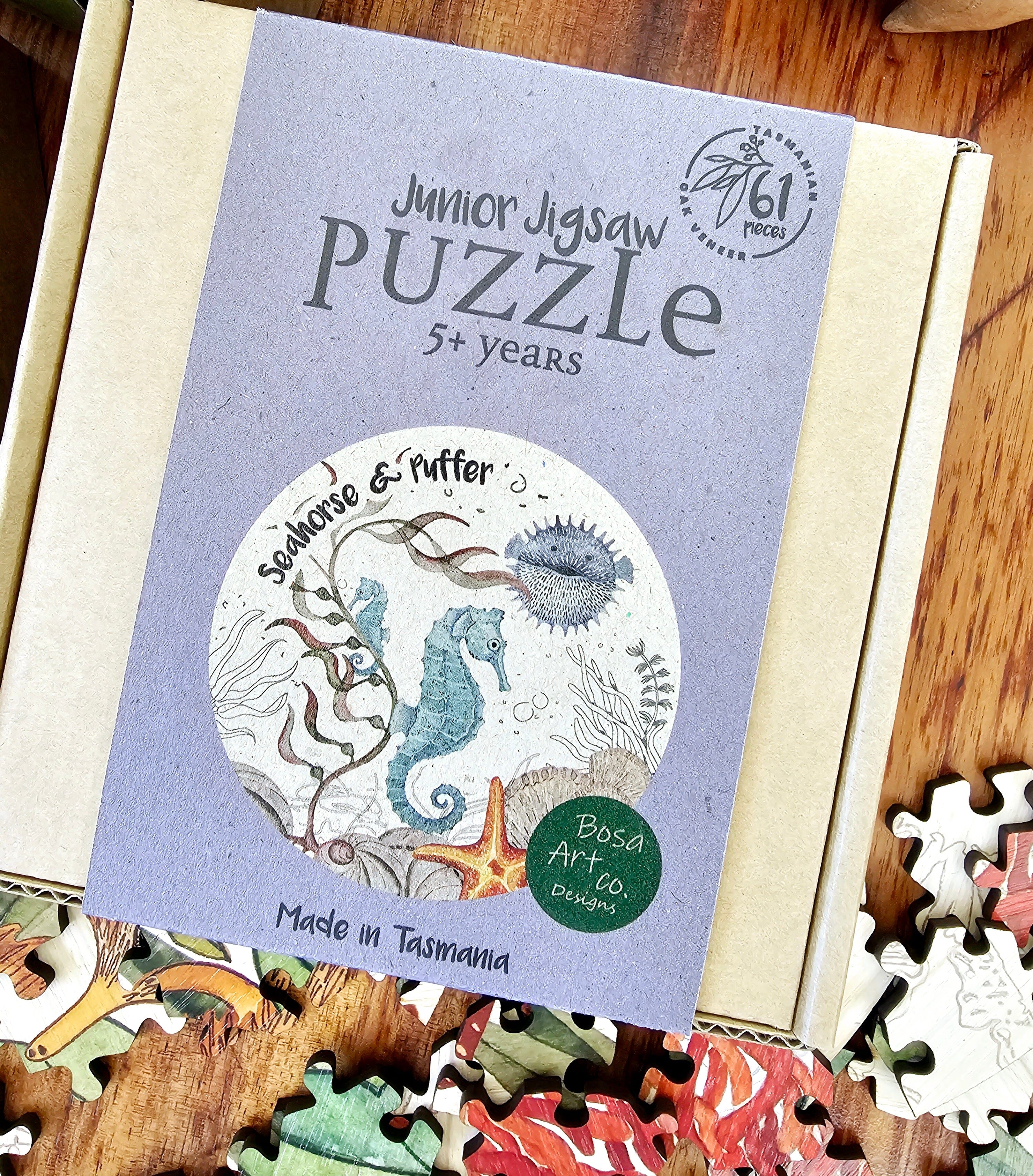 Junior Jigsaw Puzzle - Tasmanian Oak Veneer puzzle The Spotted Quoll Seahorse & Puffer 