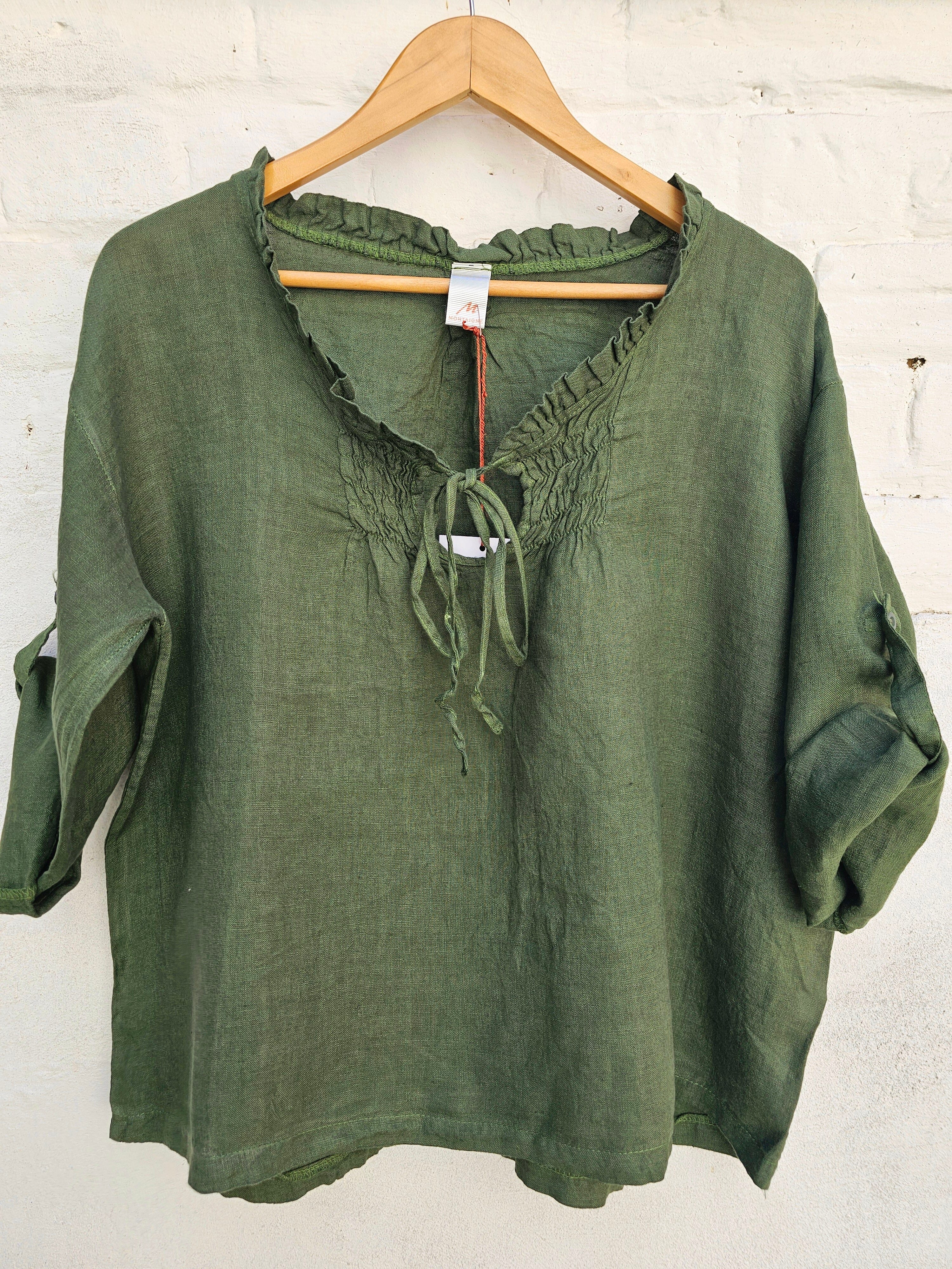 Montaigne Shirred Linen Blouse Top Etika Forest Green 