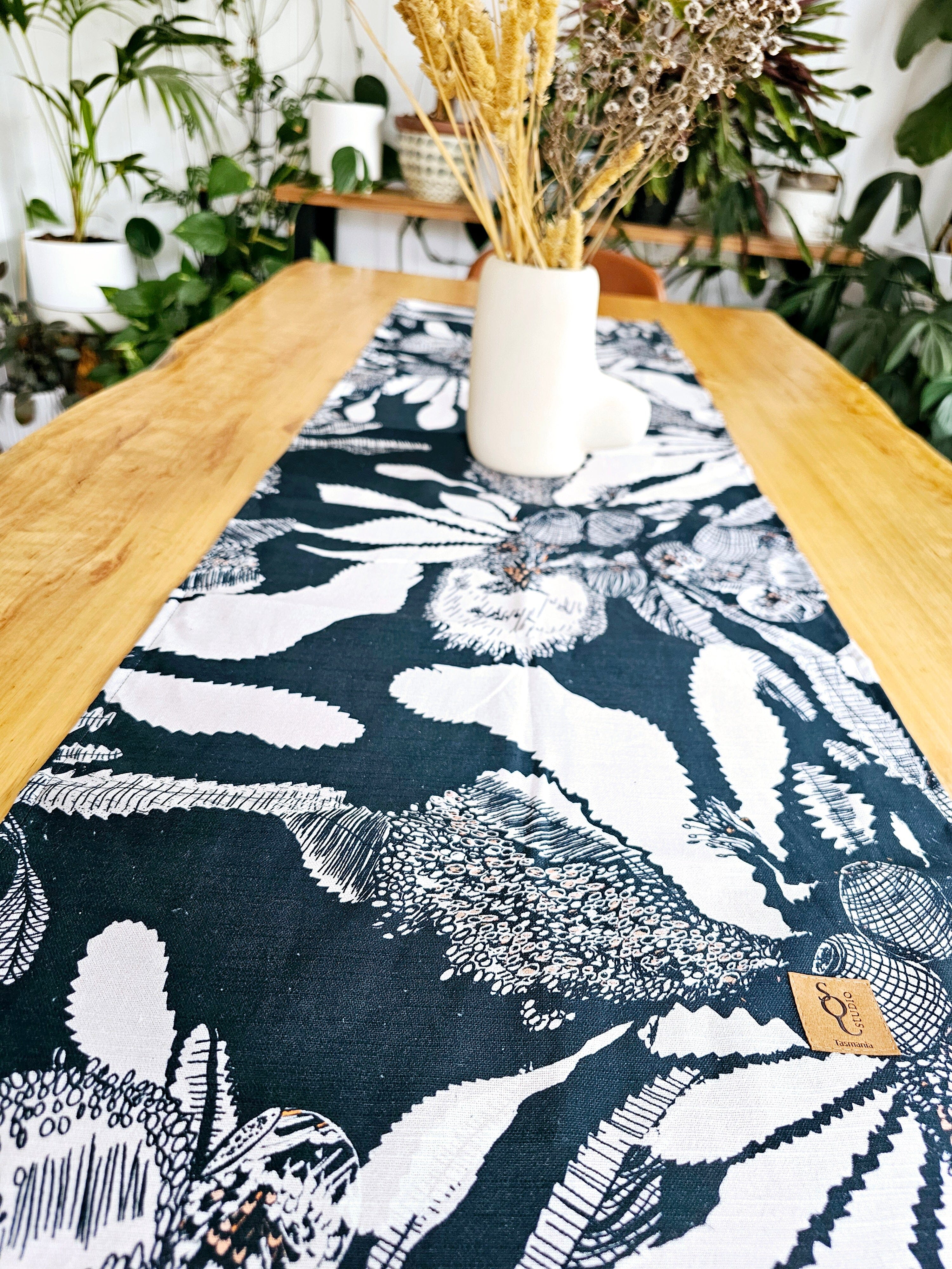 Printed Organic Linen Table Runner - Sawtooth Banksia table runners The Spotted Quoll 