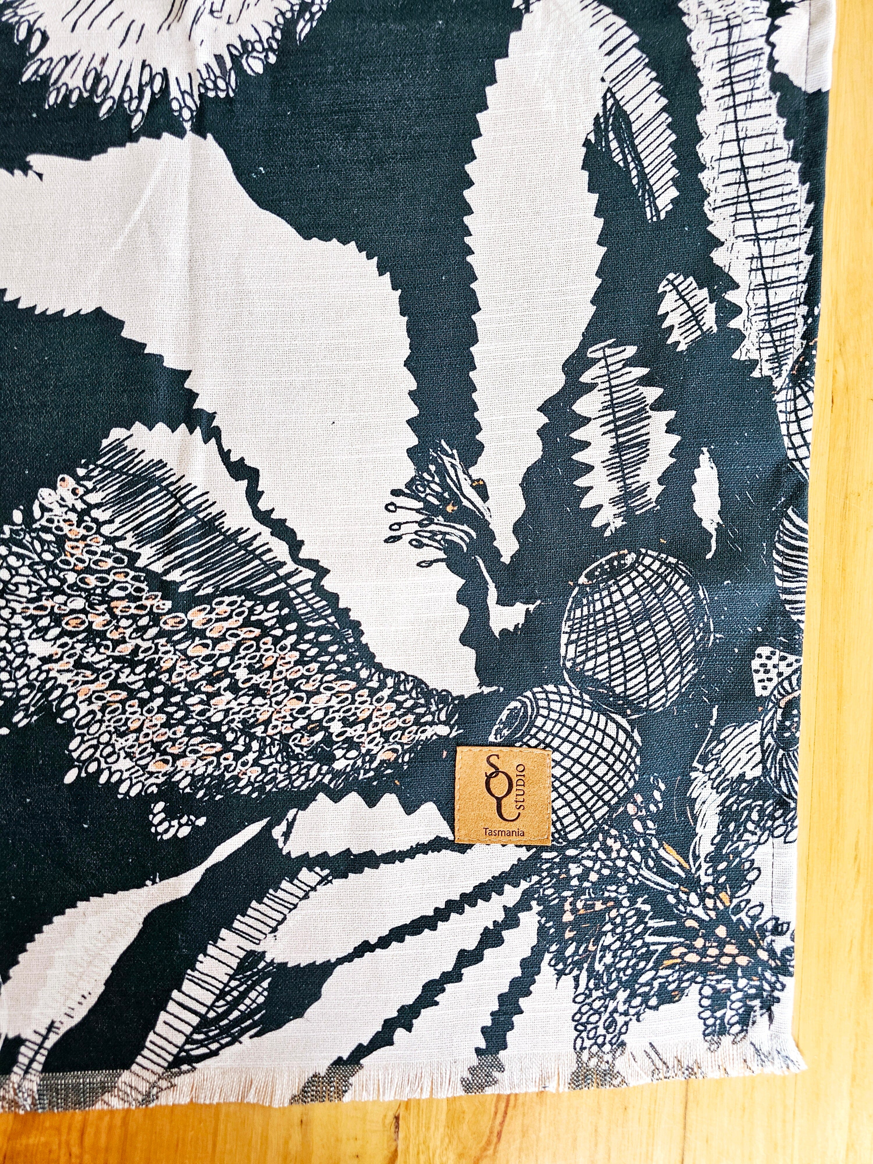 Printed Organic Linen Table Runner - Sawtooth Banksia table runners The Spotted Quoll 