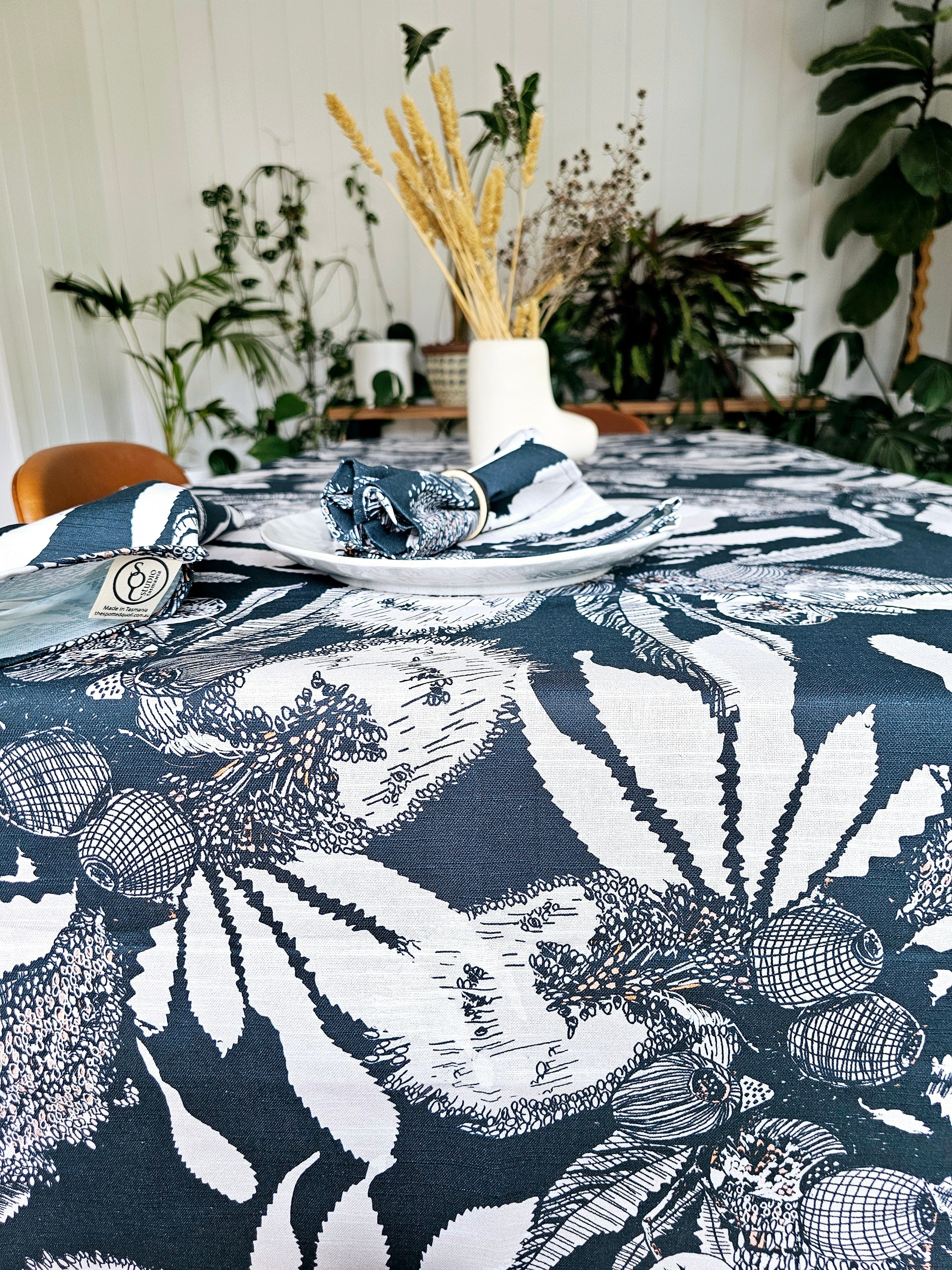 Printed Organic Linen Table Cloth - Sawtooth Banksia table cloth The Spotted Quoll 