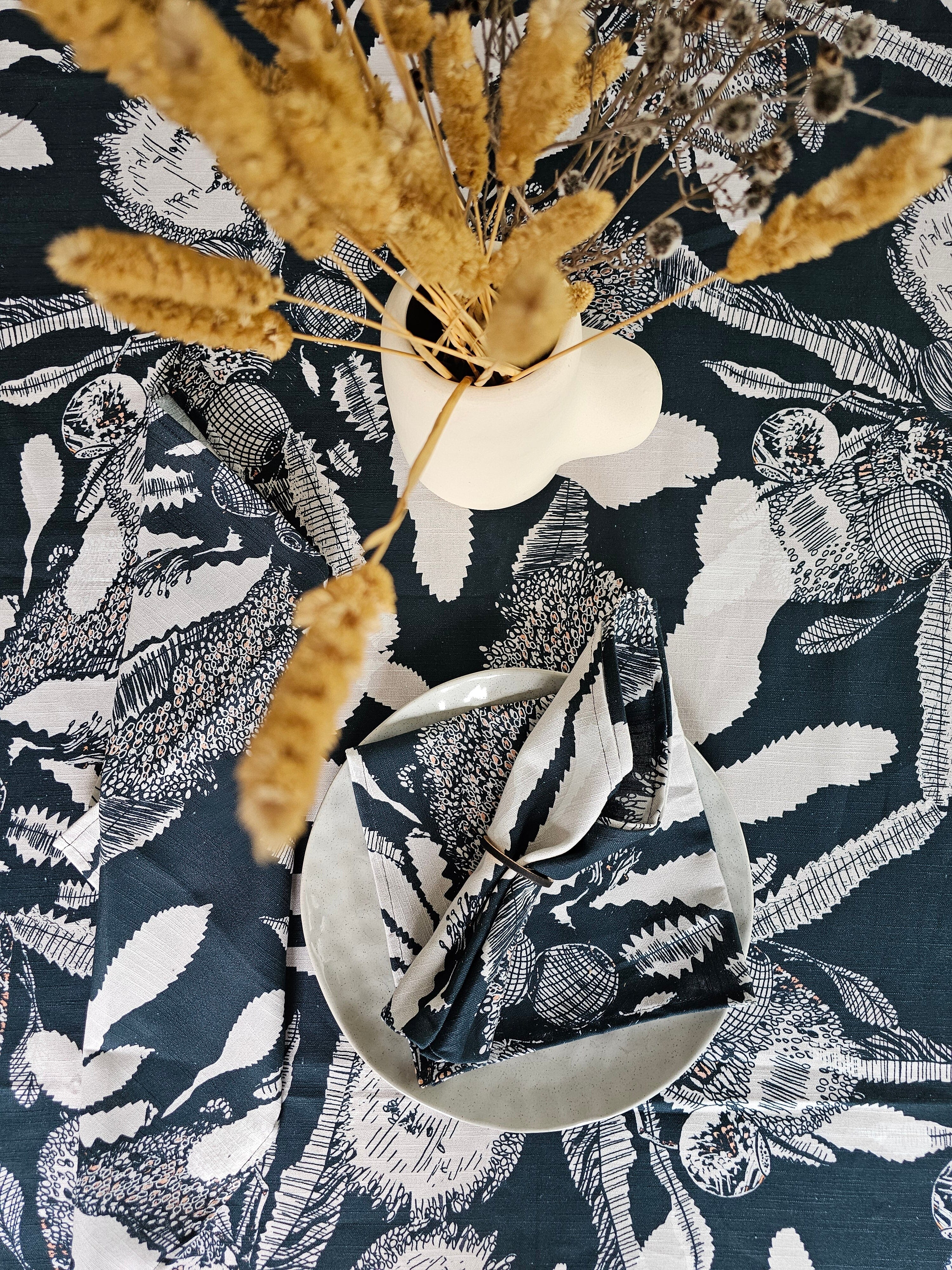 Printed Organic Linen Table Cloth - Sawtooth Banksia table cloth The Spotted Quoll 