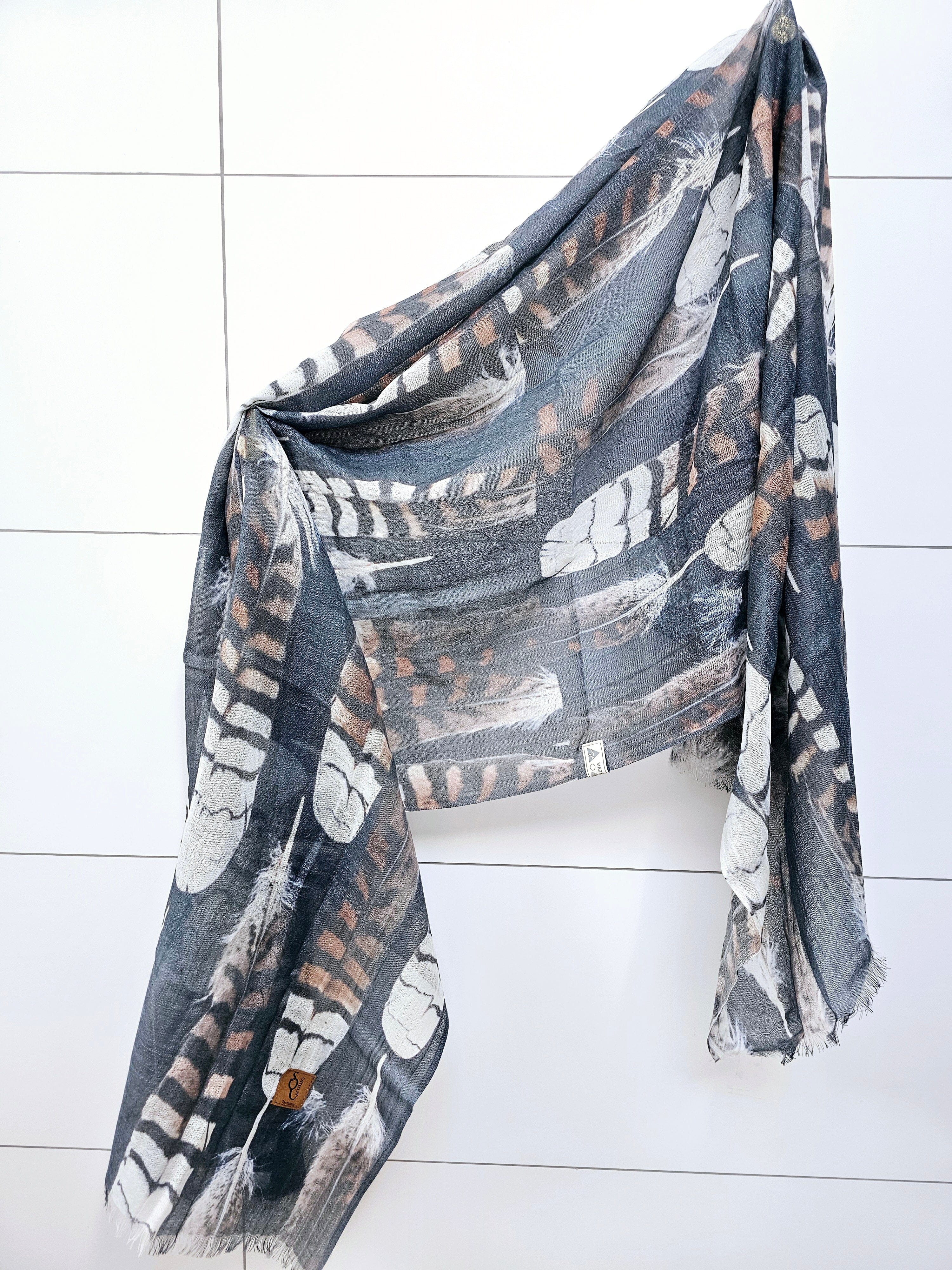 Printed Sheer Wool Scarves - Gift Boxed scarf The Spotted Quoll Kookaburra Feather 