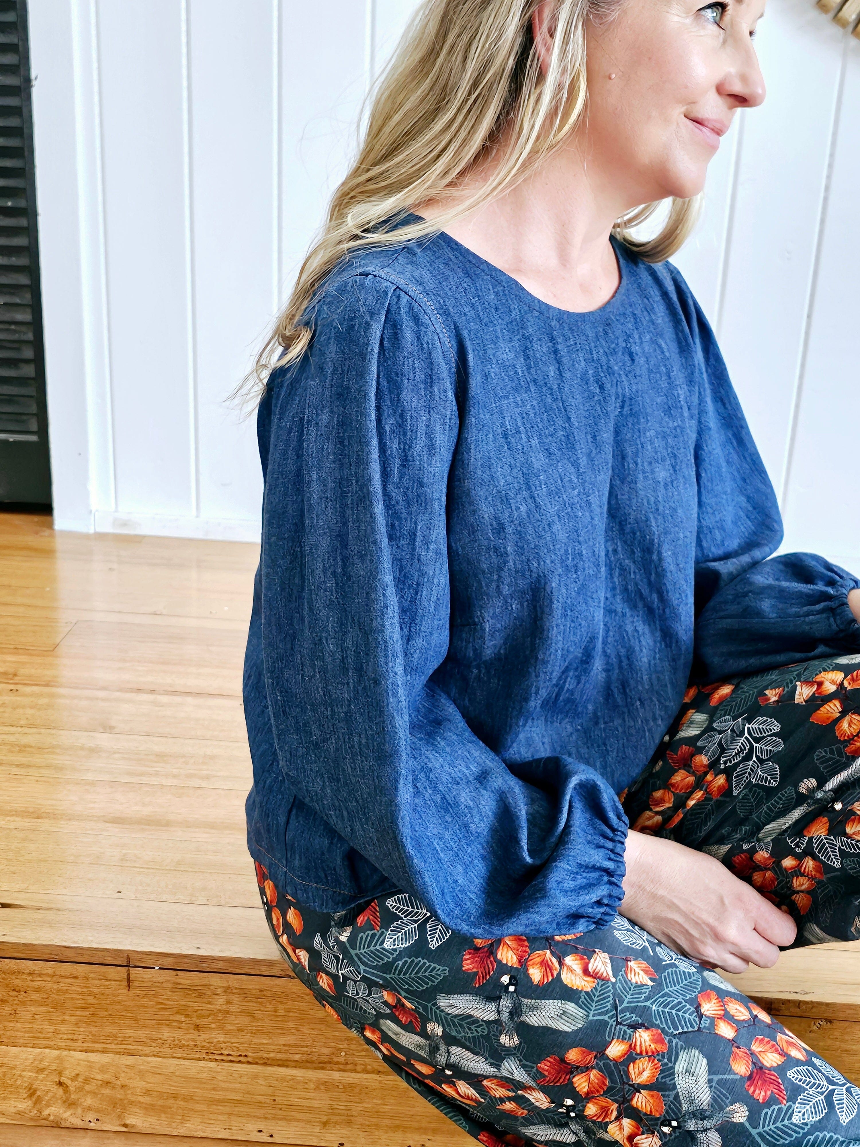 Bell Buoy Pleat Blouse - Organic Denim top The Spotted Quoll 