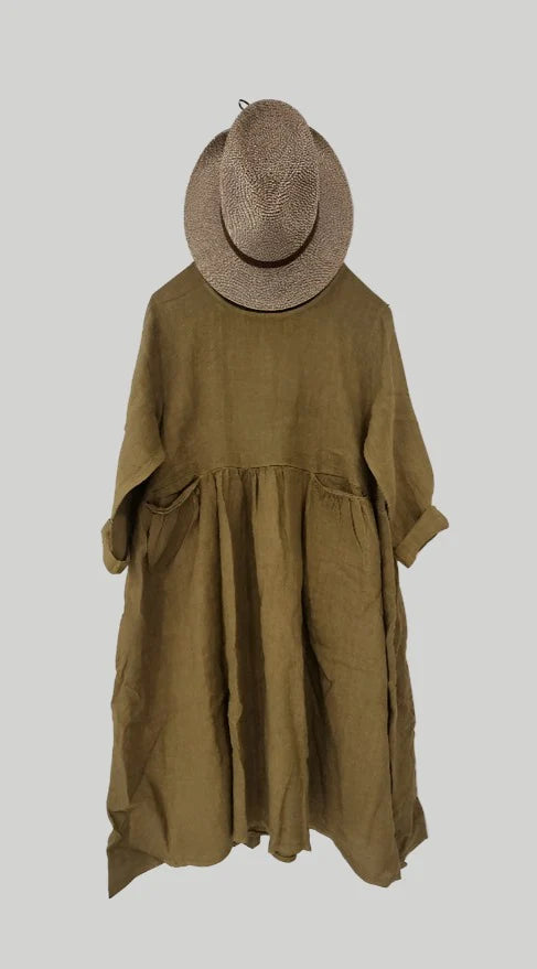 Olive Baggy Linen Dress - Best Seller Dress Etika 