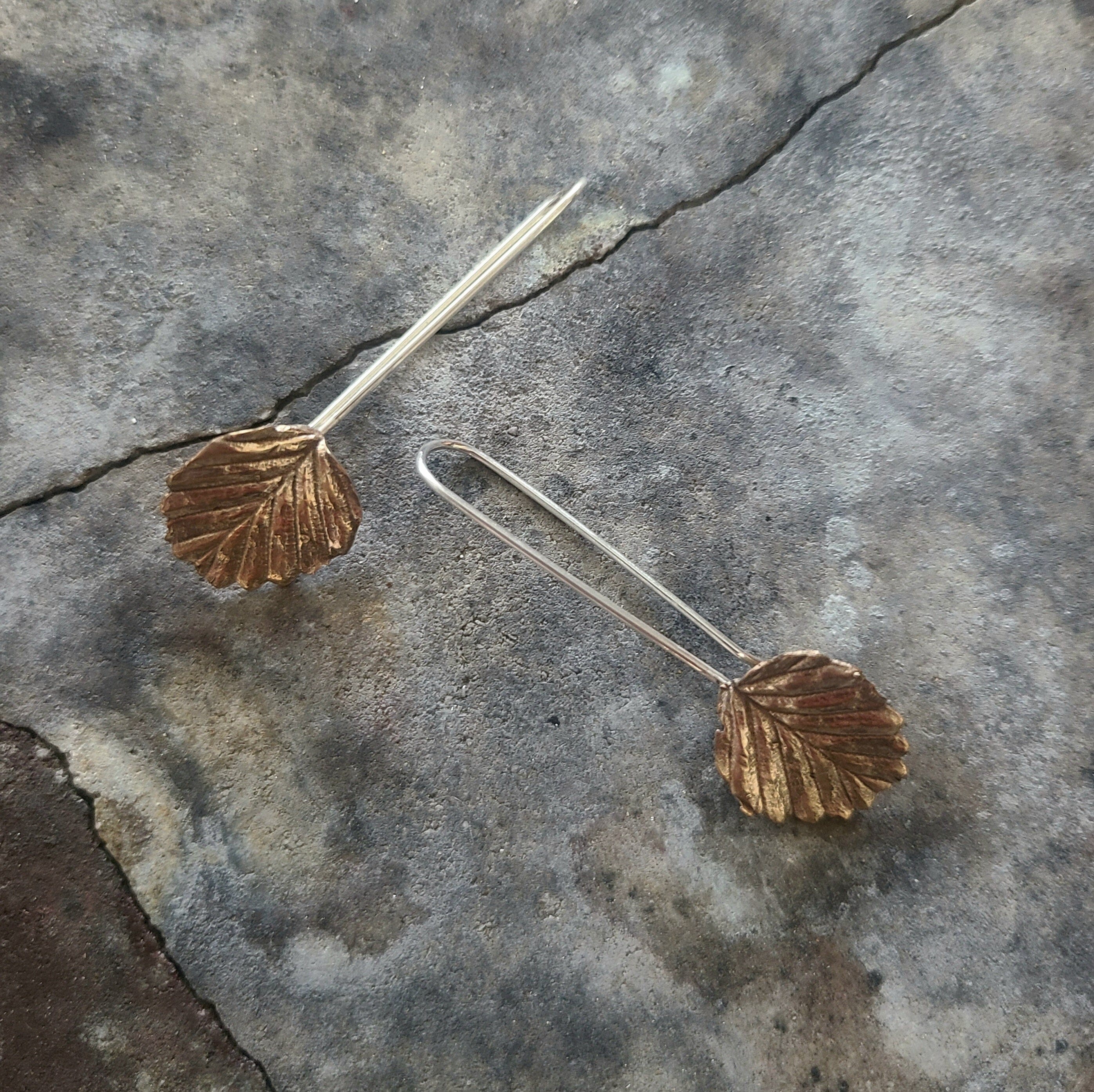 Fagus Leaf Earrings - Janny McKinnon Jewellery Janny Mckinnon Long Hook Bronze & Silver 50mm 