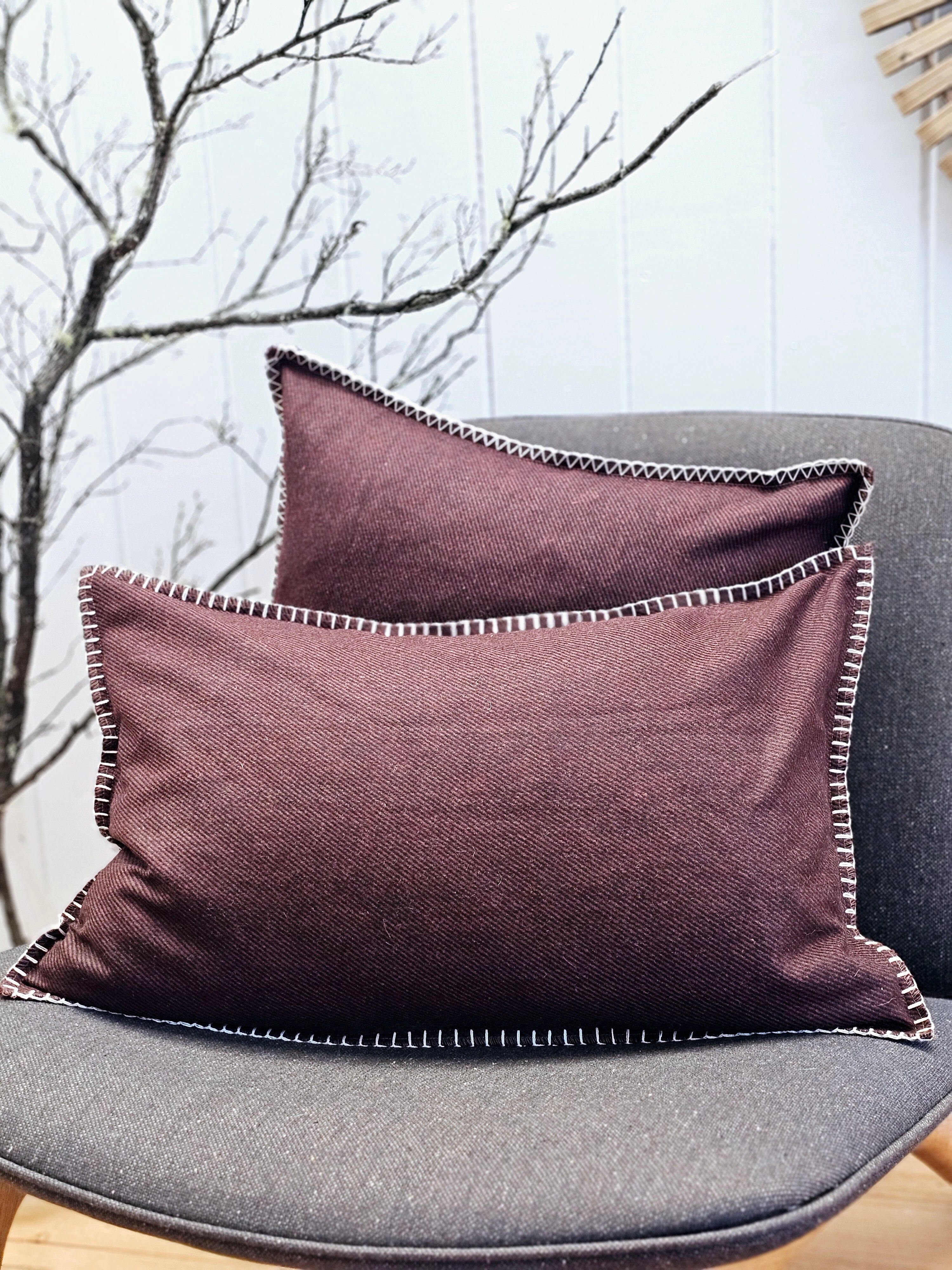 Syrah Twill Organic Wool Felt Cushions Cushions The Spotted Quoll Studio 35 x 55cm Syrah with Natural Stitch 