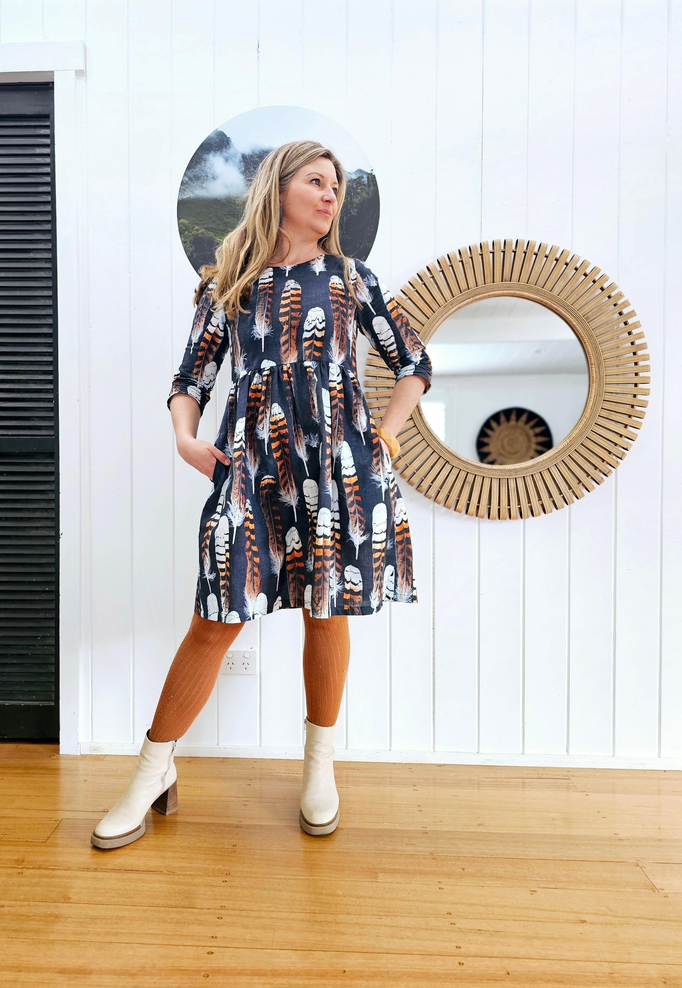 Peasant Dress 3/4 sleeves - Kookaburra Feather Dresses The Spotted Quoll 