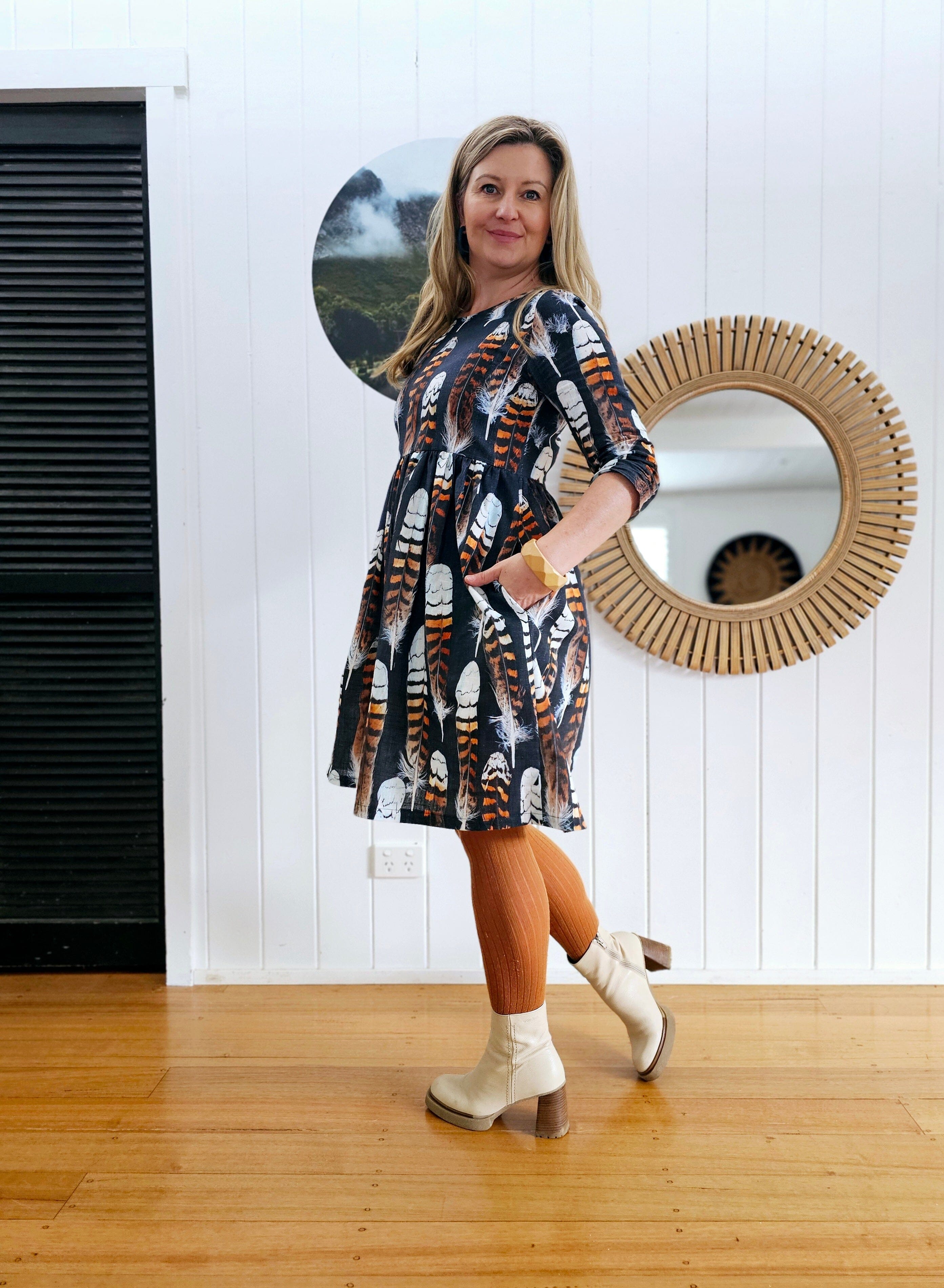 Peasant Dress 3/4 sleeves - Kookaburra Feather Dresses The Spotted Quoll 