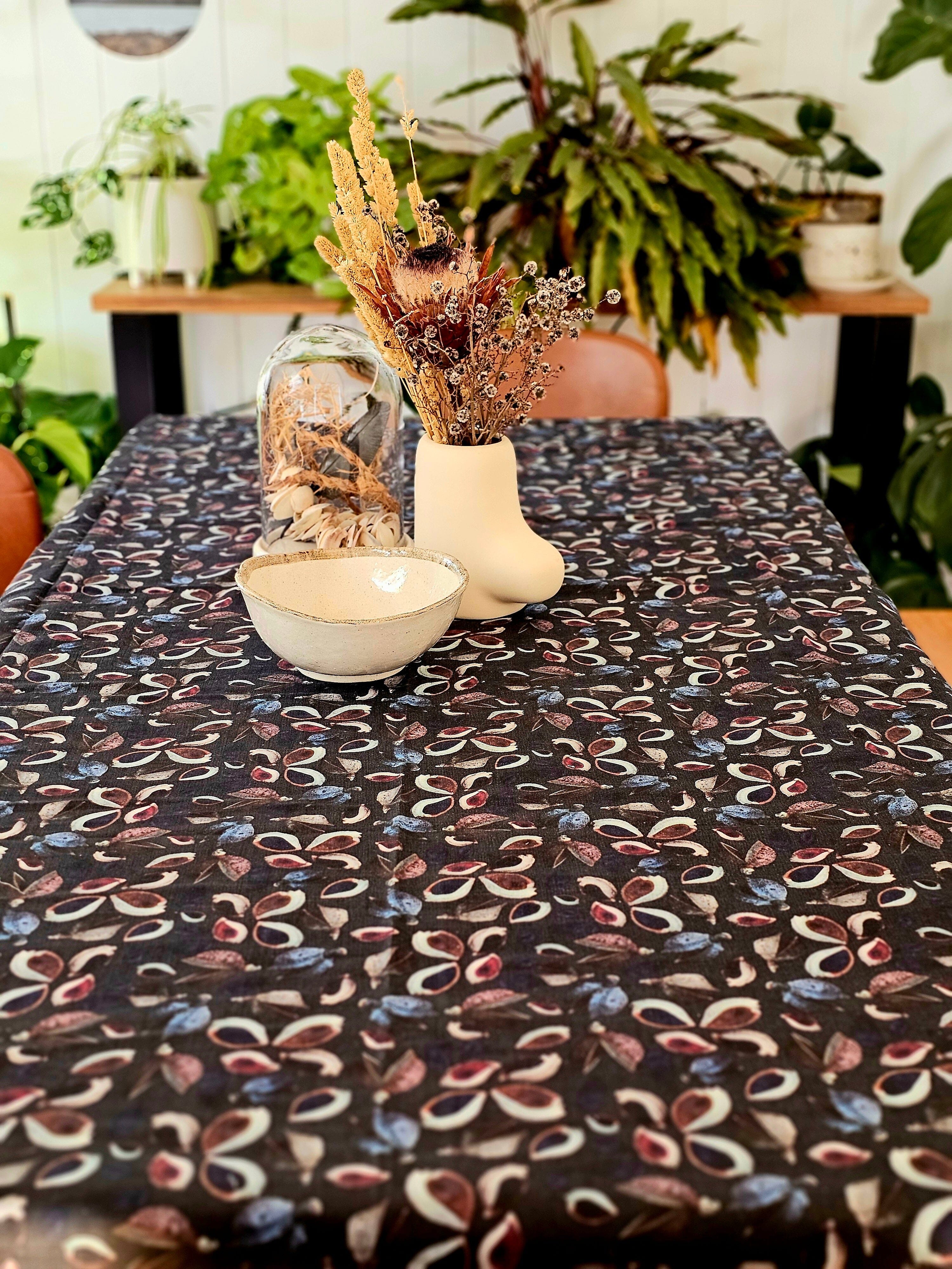 Printed Organic Linen Table Cloth - Seed Pods table cloth The Spotted Quoll 