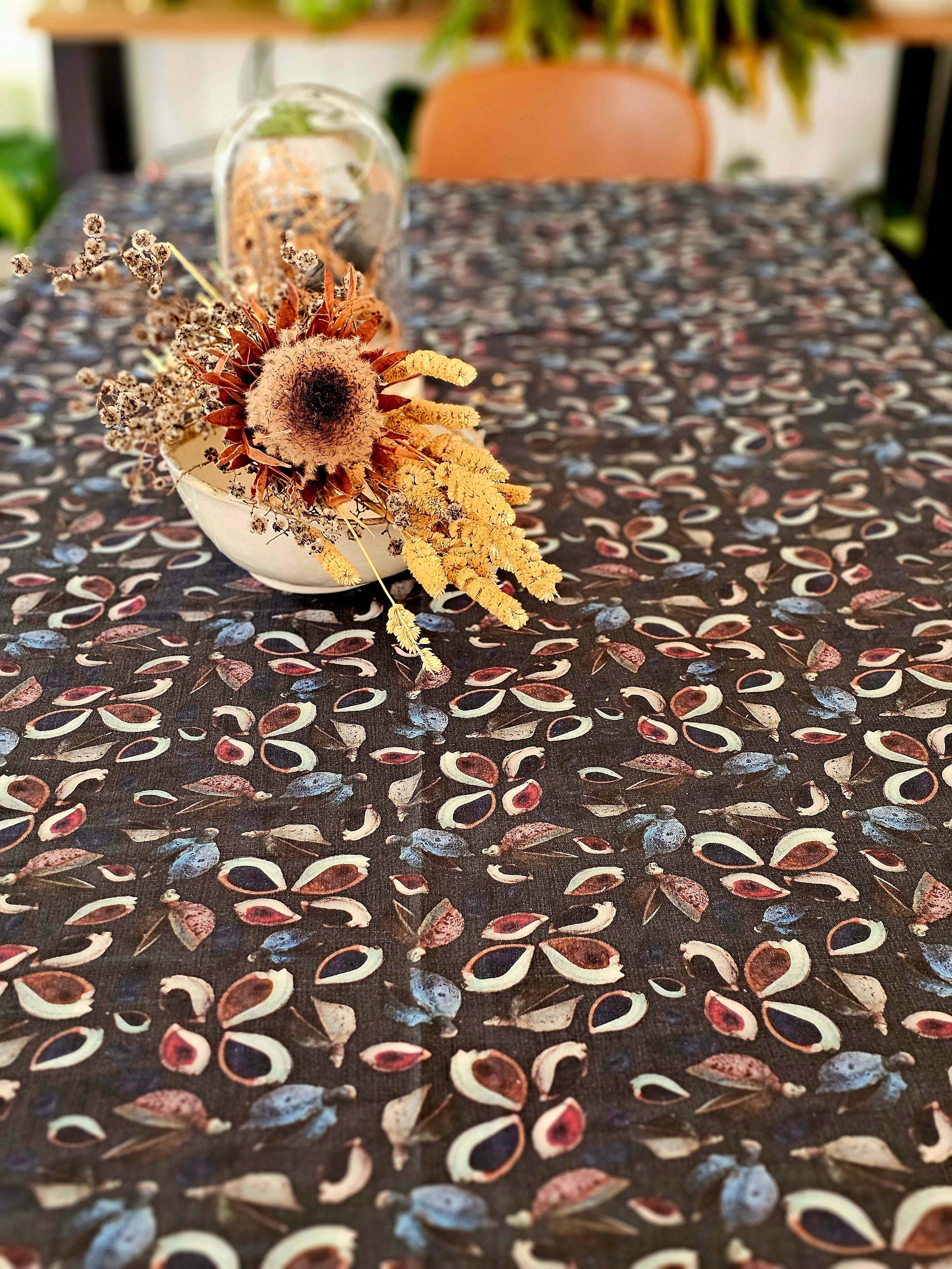 Printed Organic Linen Table Cloth - Seed Pods table cloth The Spotted Quoll 