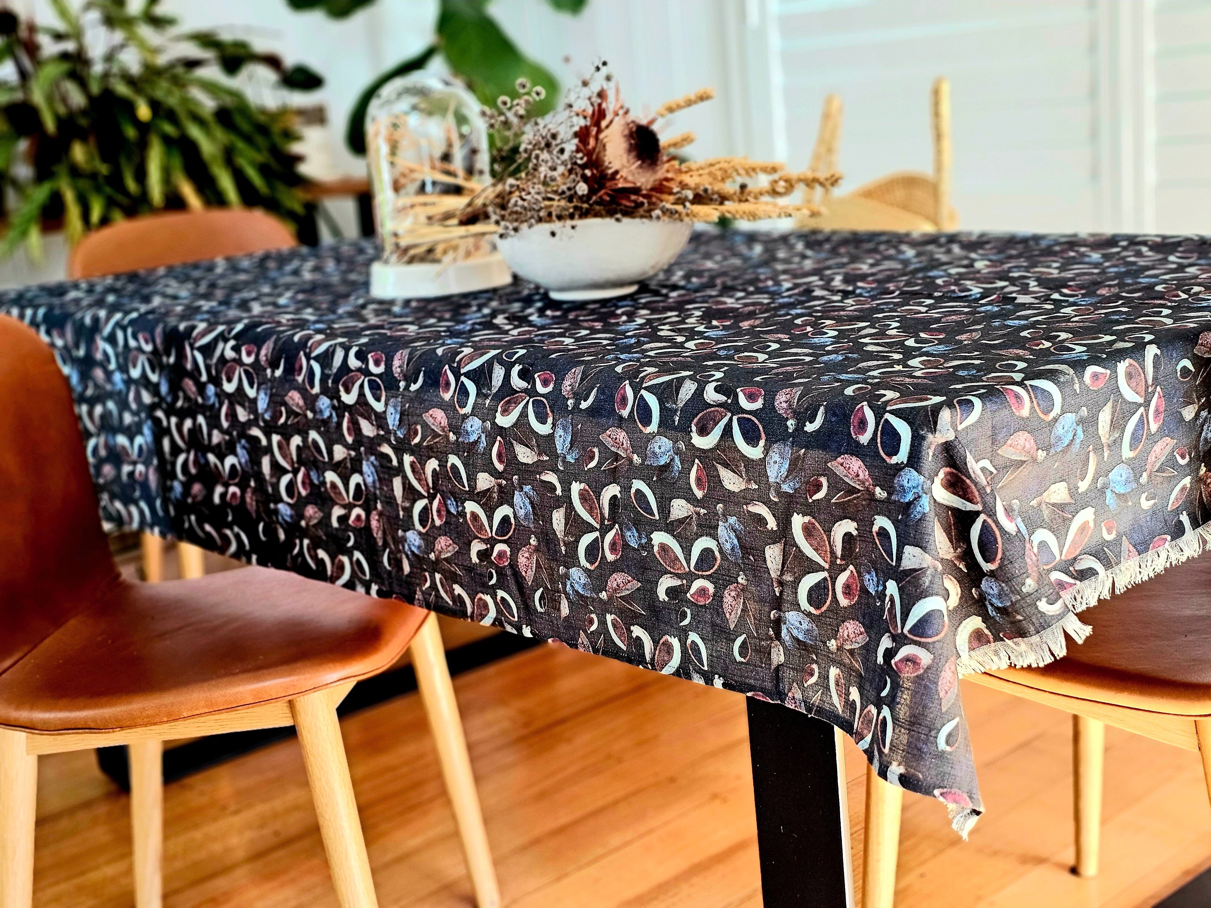 Printed Organic Linen Table Cloth - Seed Pods table cloth The Spotted Quoll 