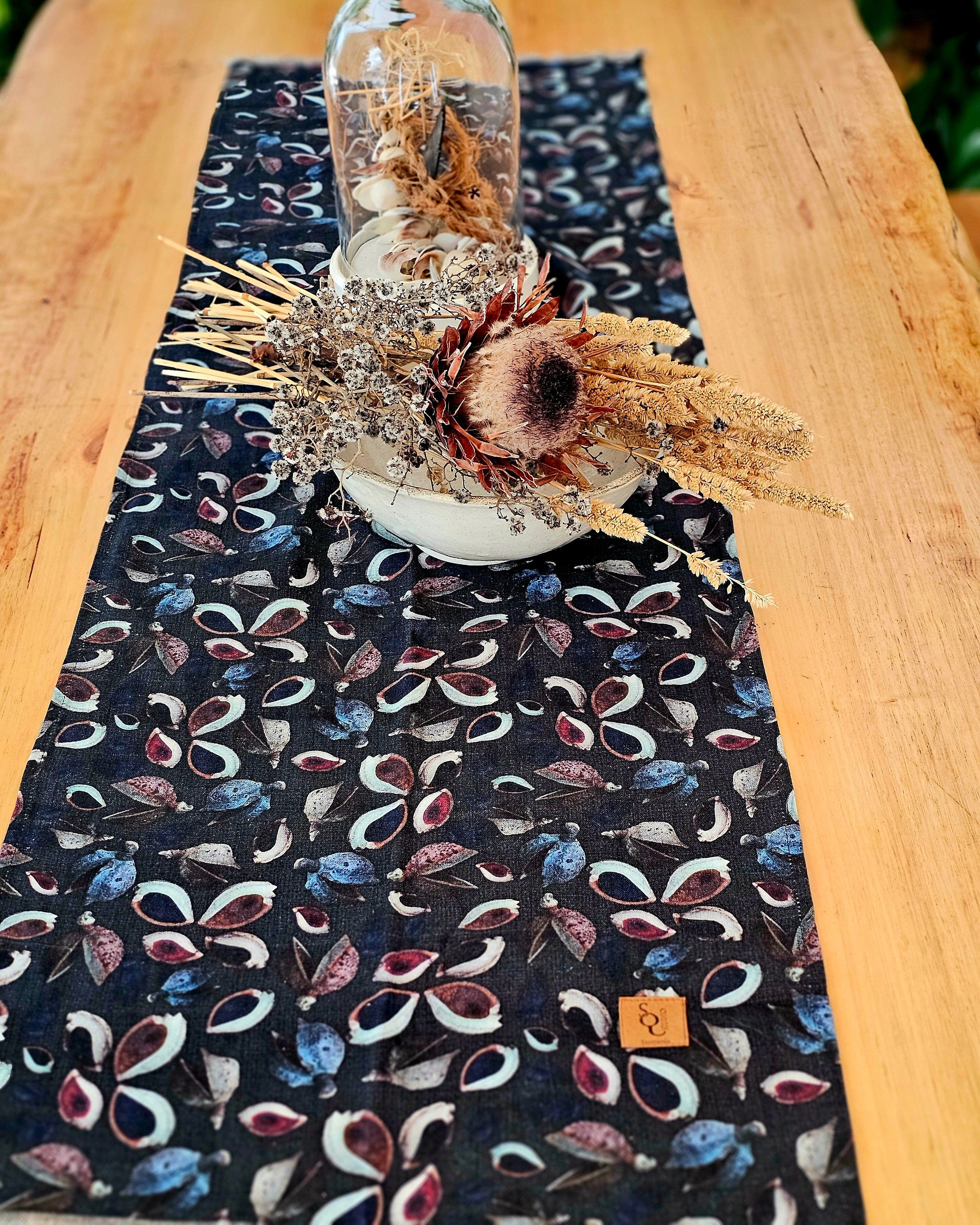 Organic Linen Table Runner - Seed Pods table runners The Spotted Quoll 