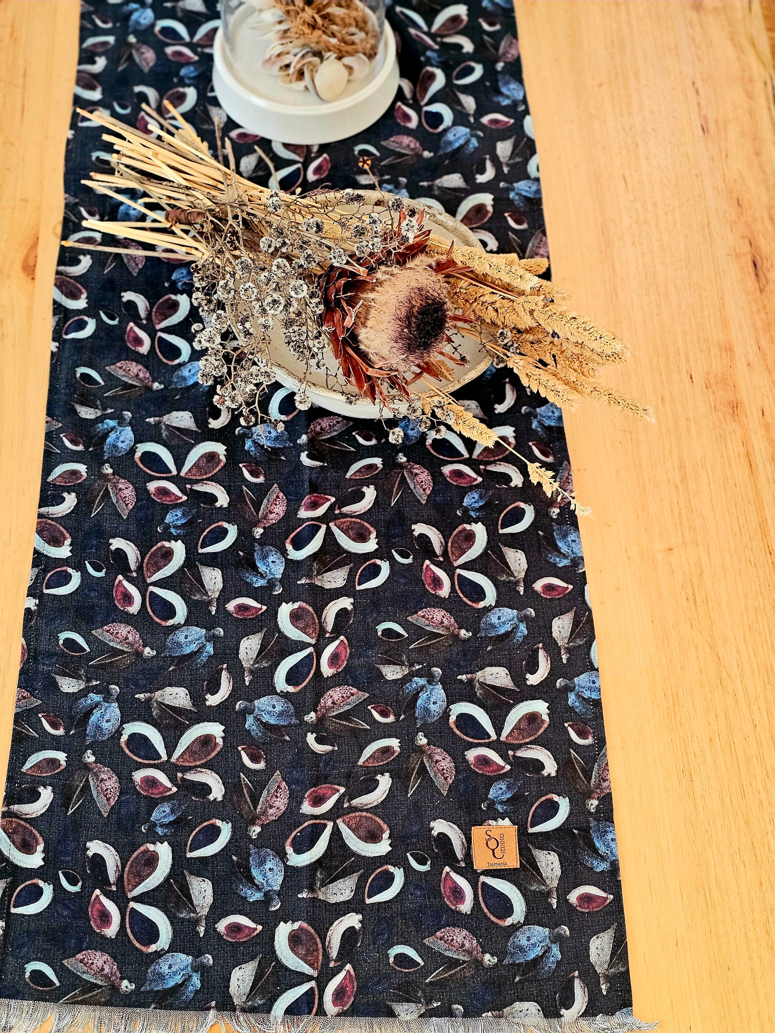 Organic Linen Table Runner - Seed Pods table runners The Spotted Quoll 