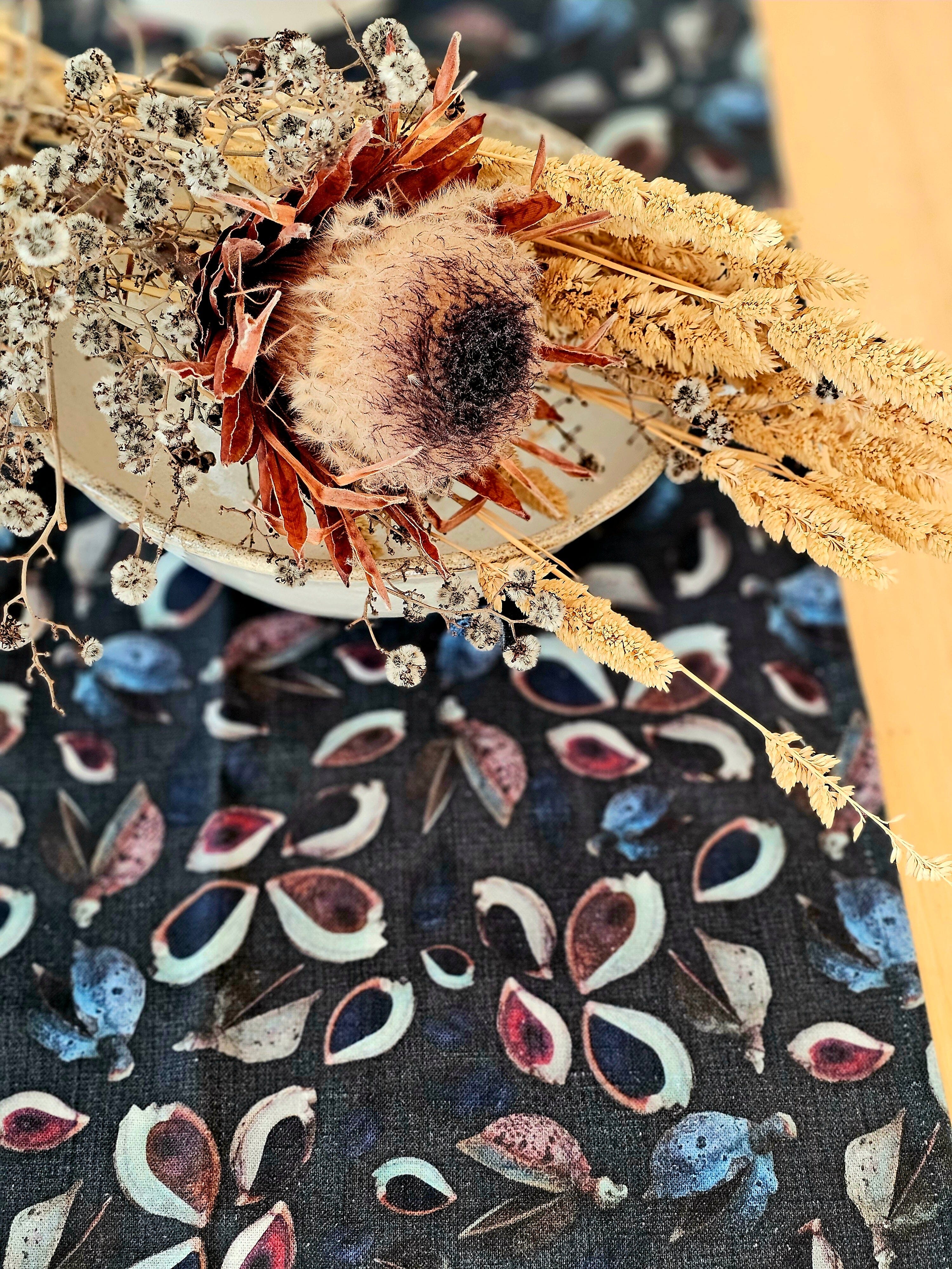 Organic Linen Table Runner - Seed Pods table runners The Spotted Quoll 