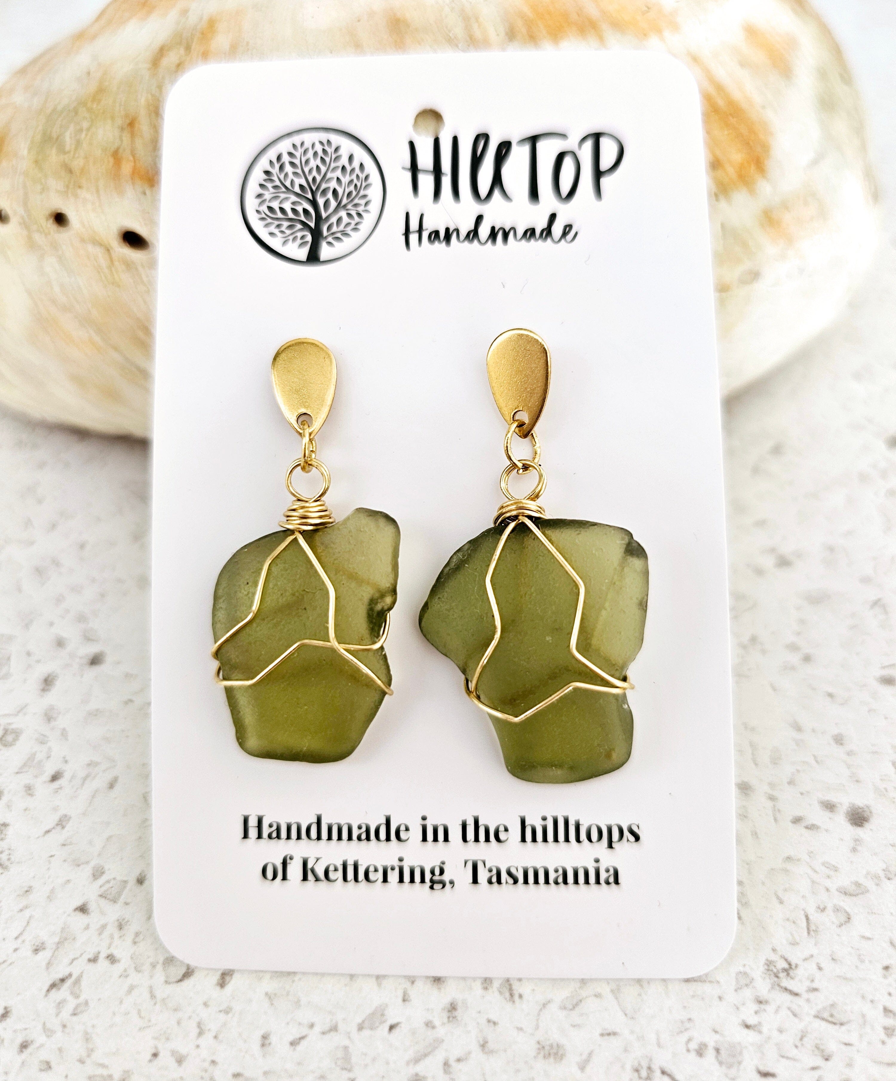 Diamonds of the Sea Drop Earrings - Hill Top Handmade Earrings Hilltop Handmade Stud Drop Gold & Bottle Green 