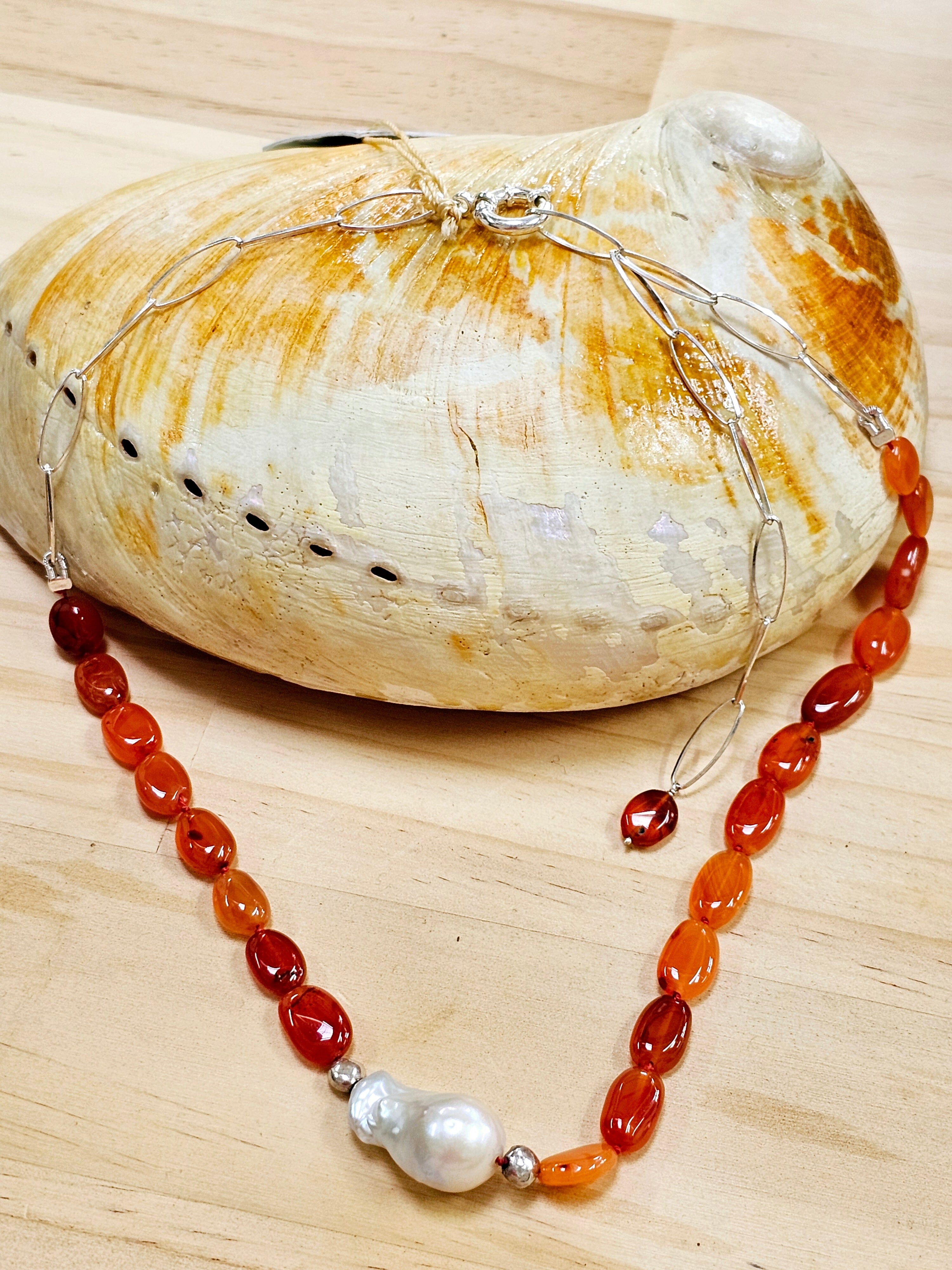 The Sea Collection - Lisa Carney Jewellery Lisa Carney Designs Carnelian Stone & Baroque Pearl Silver Neckalce 