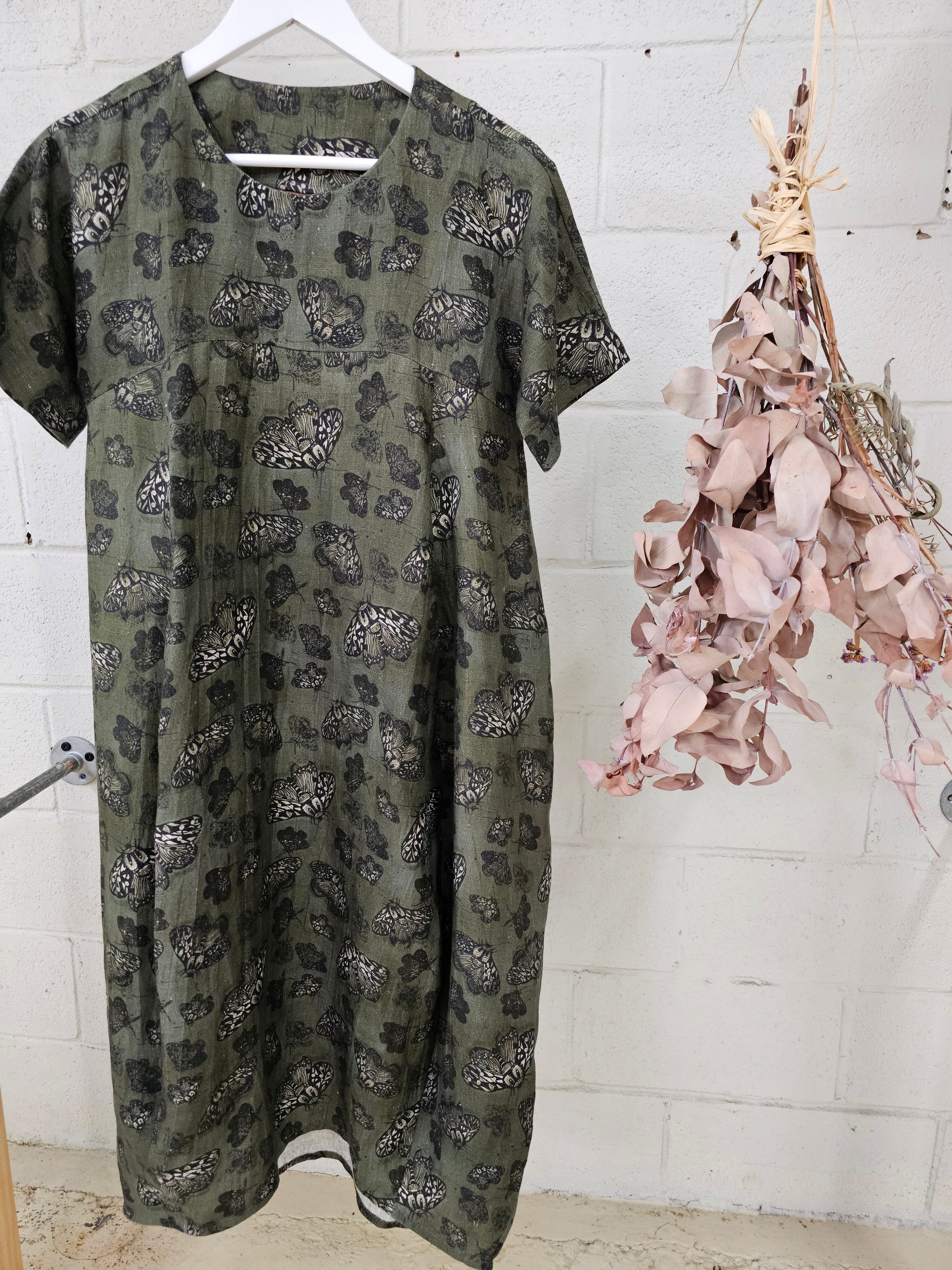Organic Linen Cocoon Dress - Moss Moth Dress The Spotted Quoll 