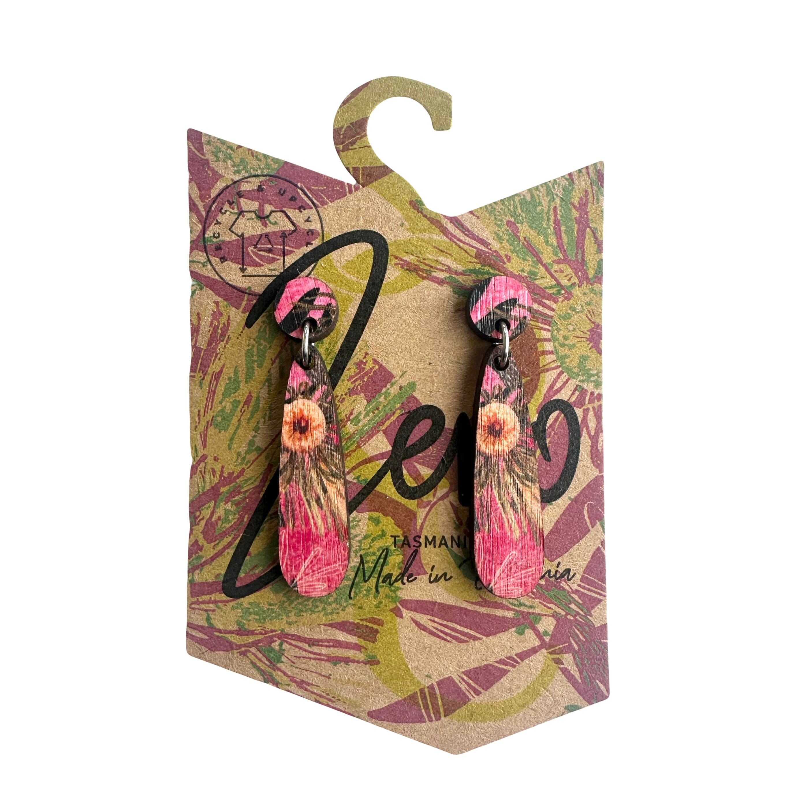 Small Earrings - Zero Waste Australian Timber Earrings The Spotted Quoll Small Teardrop Pink Summer Bouquet 