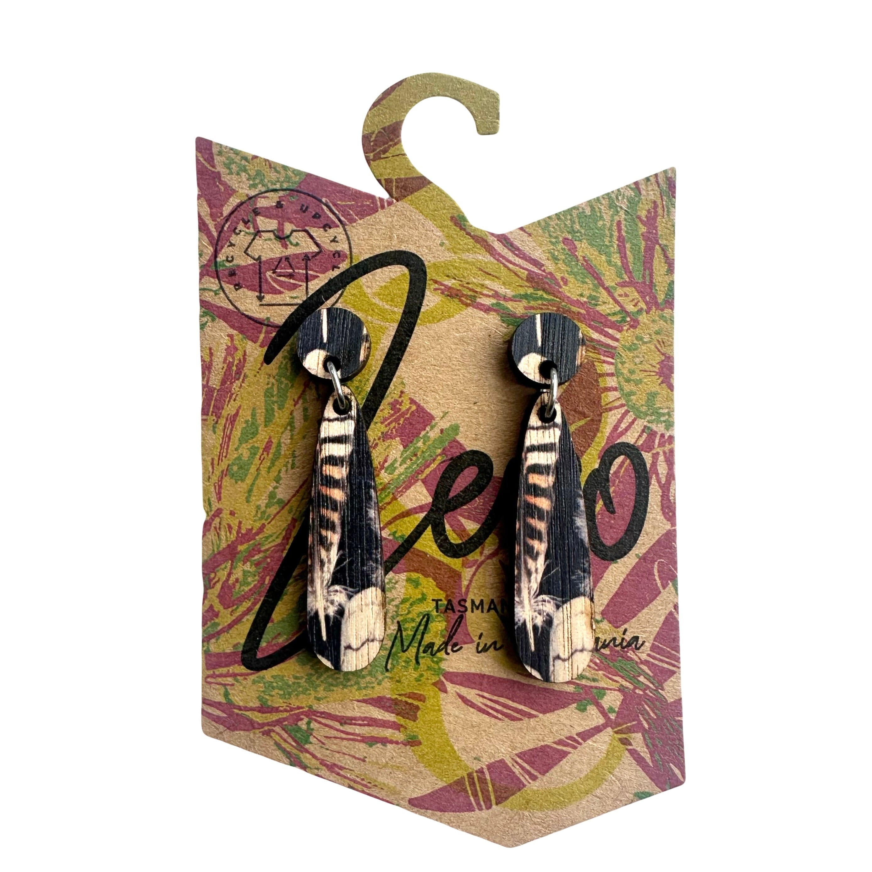 Small Earrings - Zero Waste Australian Timber Earrings The Spotted Quoll Small Teardrop Kookaburra Feather 