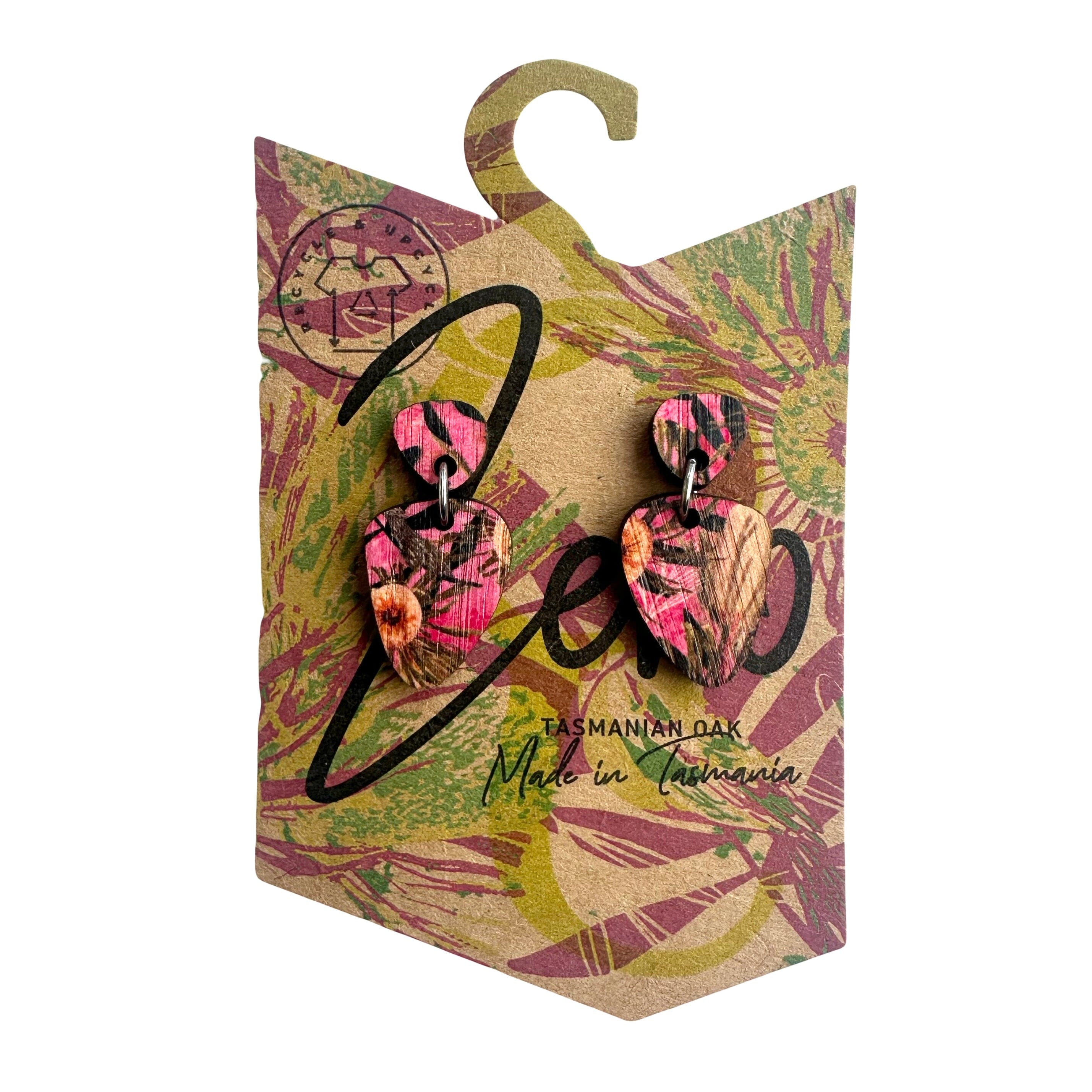 Small Earrings - Zero Waste Australian Timber Earrings The Spotted Quoll Tiny Drop Pink Summer Bouquet 
