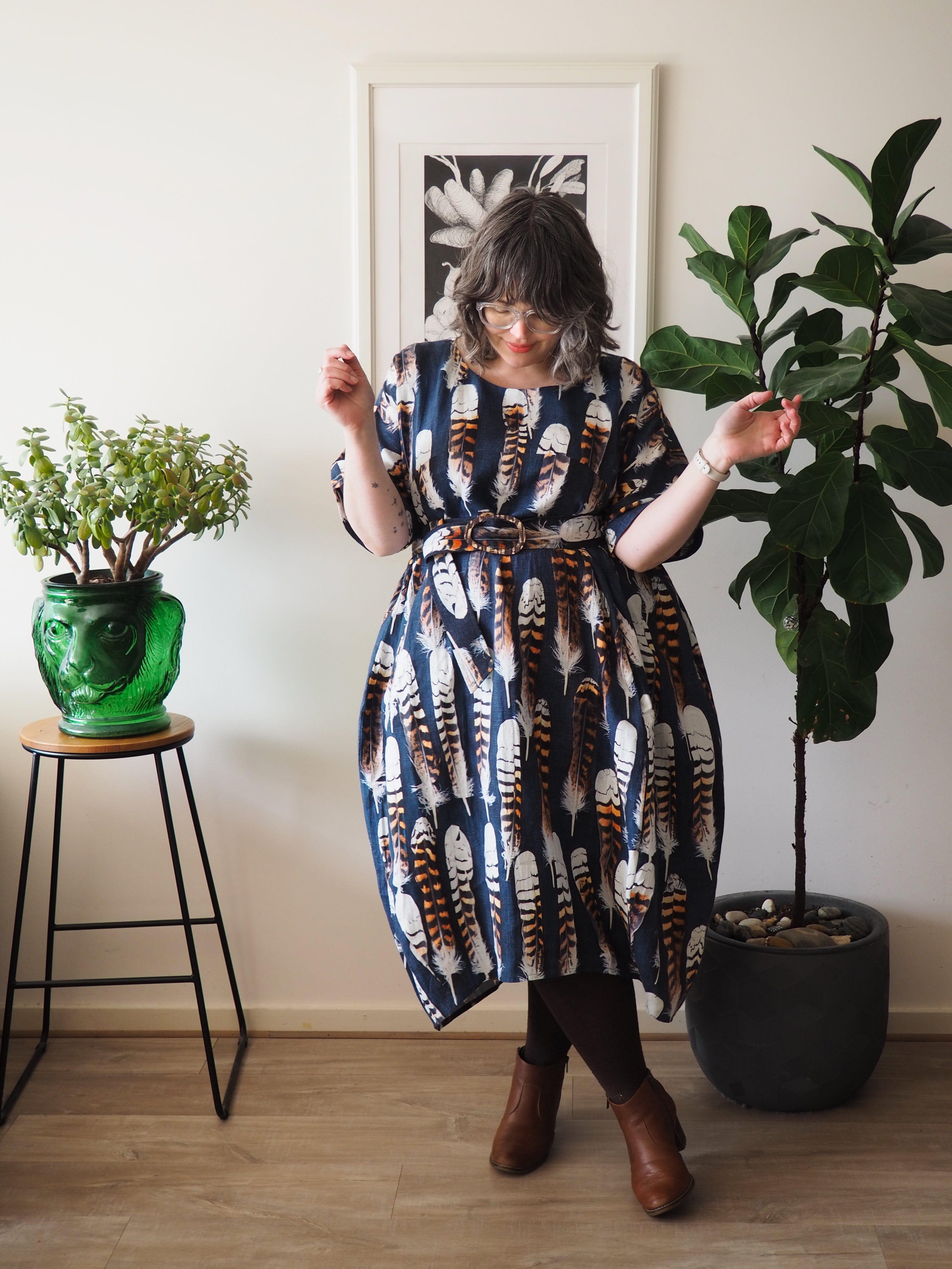 Organic Linen Cocoon Dress - Kookaburra Feather Dress The Spotted Quoll 