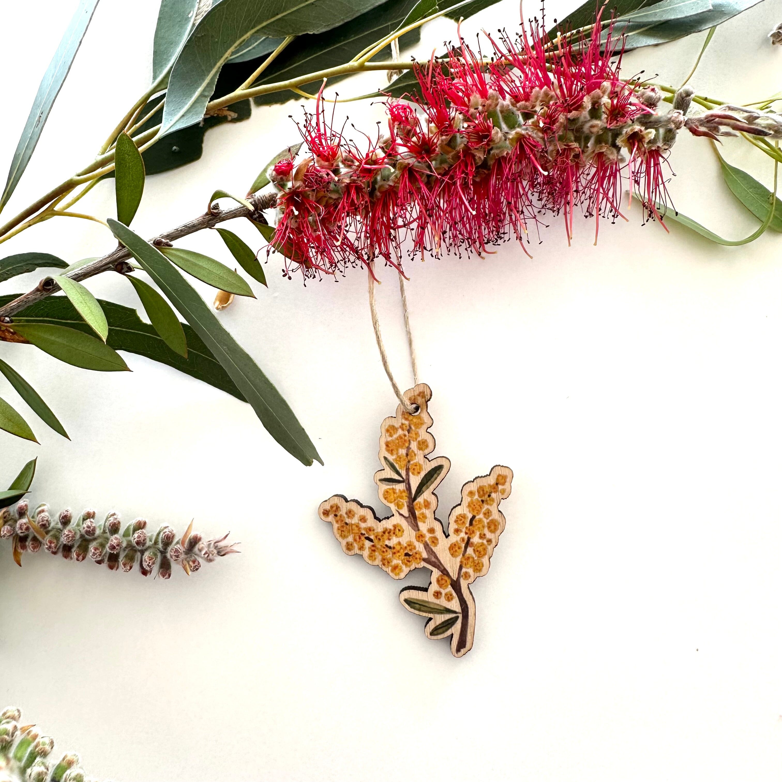 Christmas Decorations - Printed Tasmanian Oak homewares The Spotted Quoll Tassie Wattle 