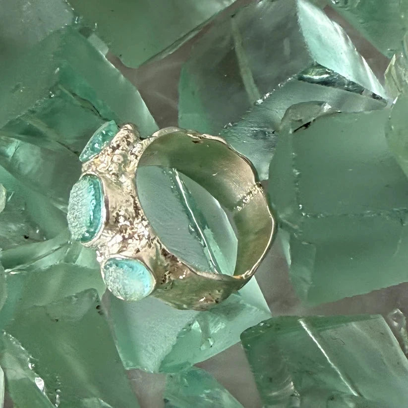Seaglass Ocean and Moon Ring - Lisa Carney Jewelry Lisa Carney Designs Silver Triple - Q 