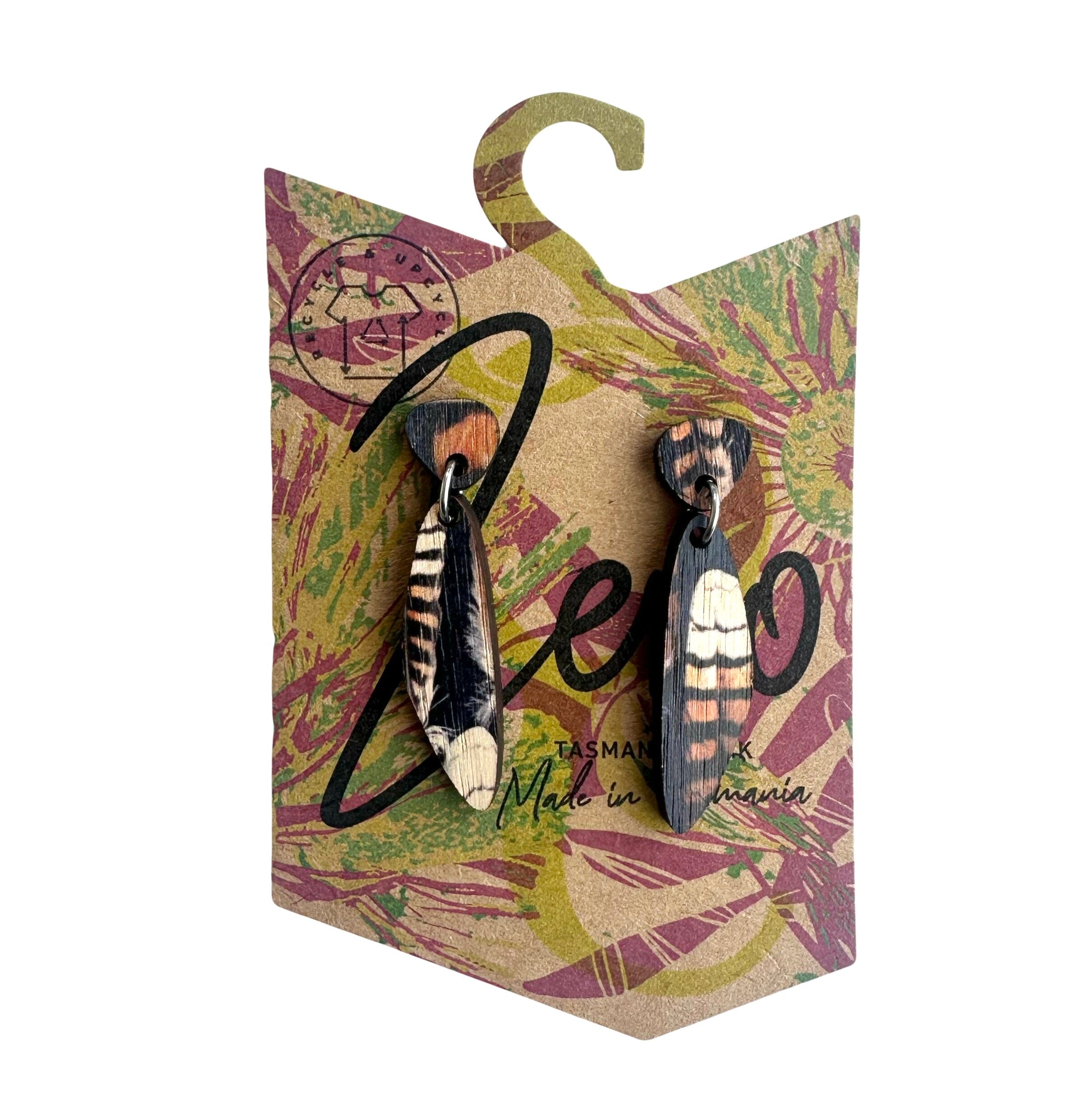 Small Earrings - Zero Waste Australian Timber Earrings The Spotted Quoll Odd Drop Kookaburra Feather 