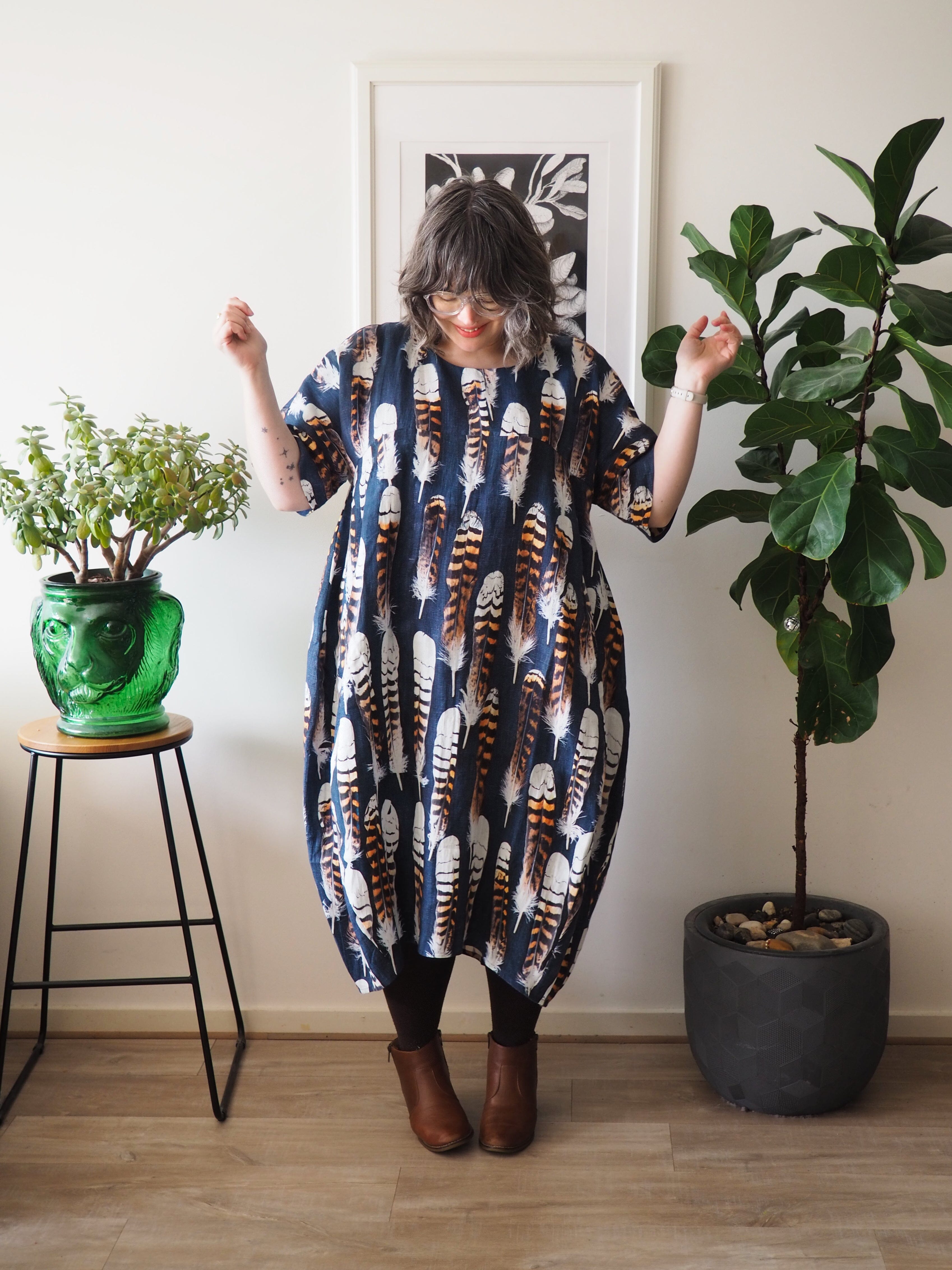 Organic Linen Cocoon Dress - Kookaburra Feather Dress The Spotted Quoll 