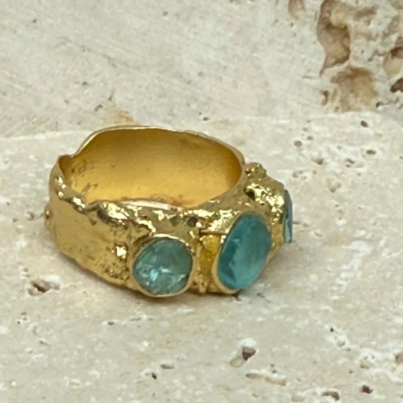 Seaglass Ocean and Moon Ring - Lisa Carney Jewelry Lisa Carney Designs Gold Triple 