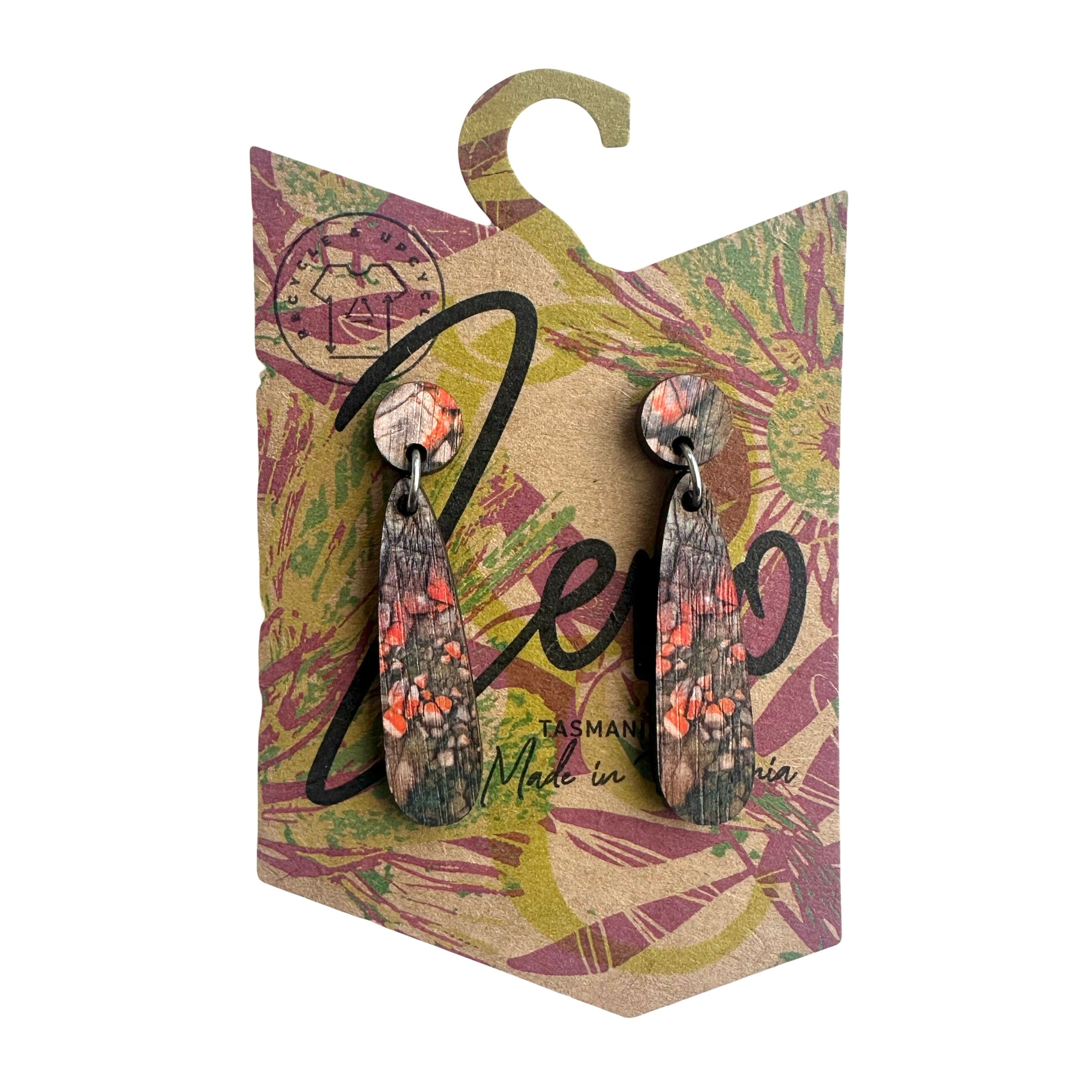 Small Earrings - Zero Waste Australian Timber Earrings The Spotted Quoll Small Teardrop Aerial Bay of Fires 
