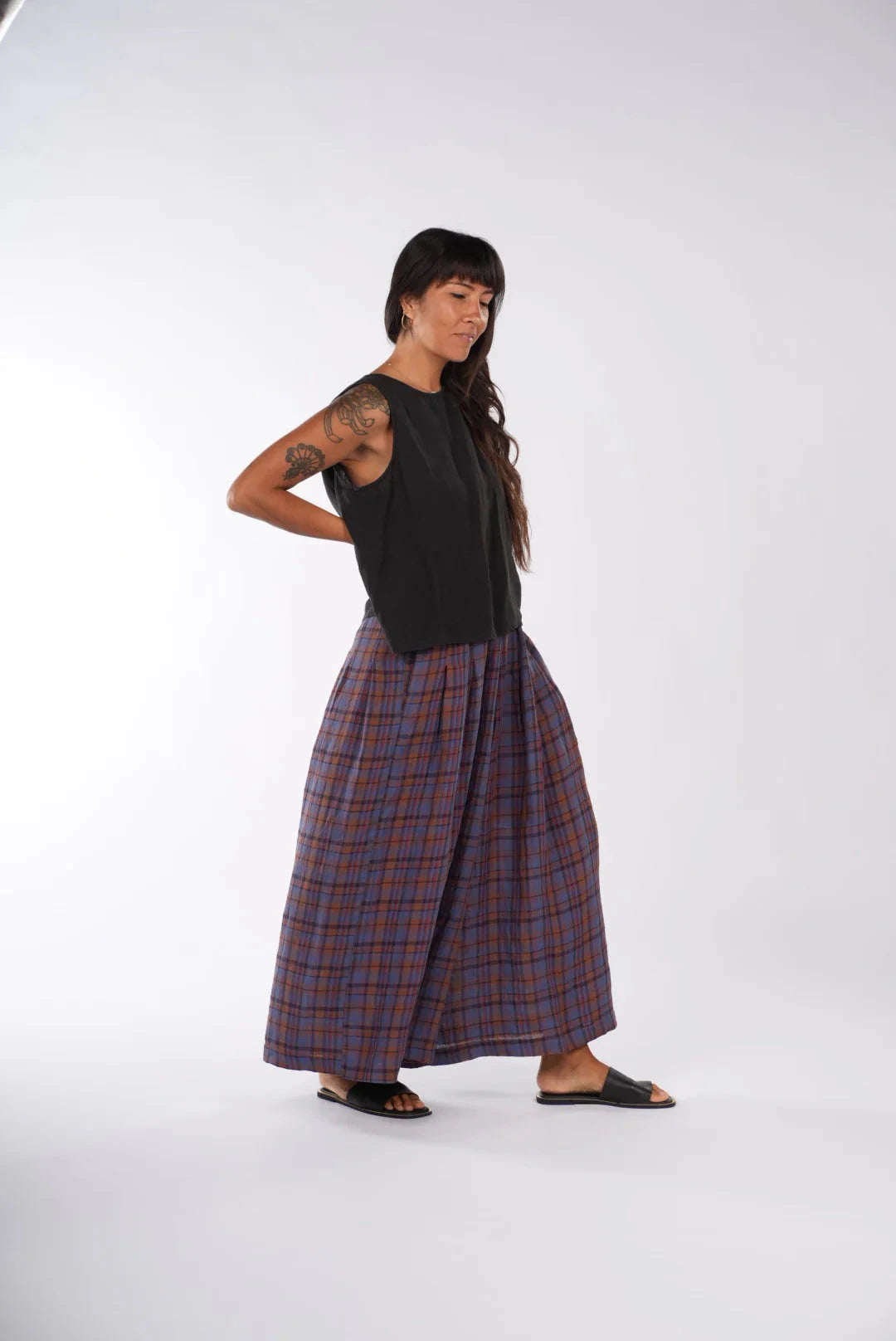 French Linen Plaid Gathered Pants Pants Etika 