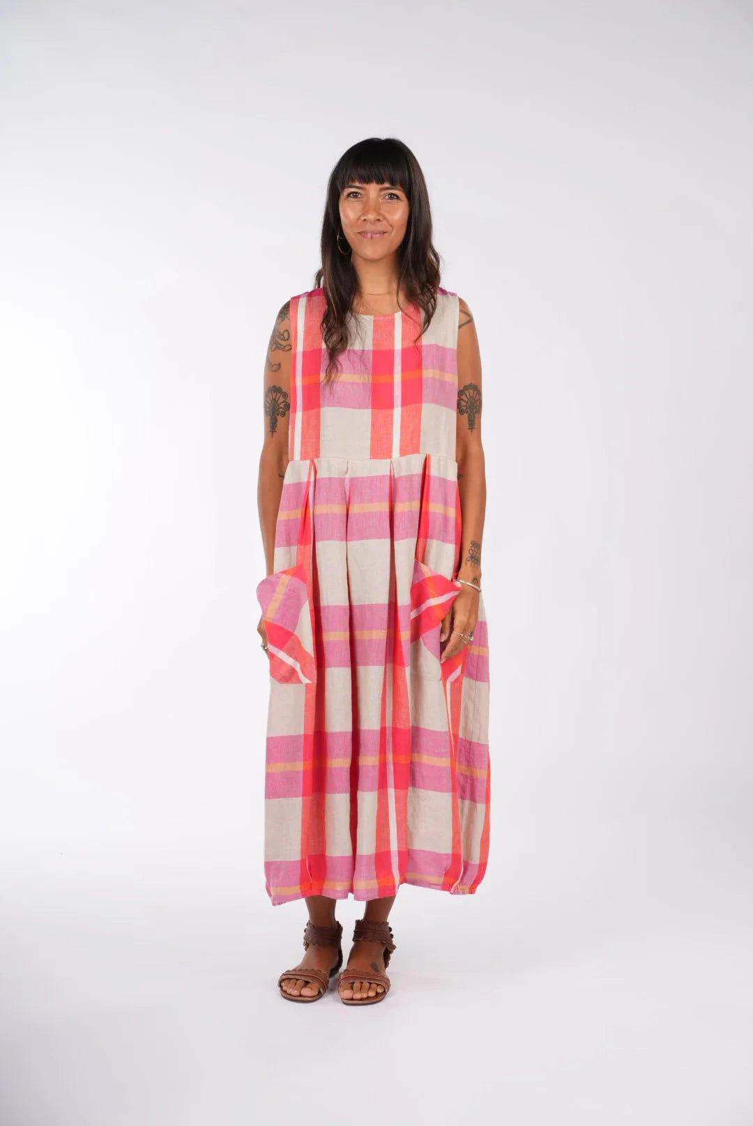 Sartene French linen dress in Orange Check dress Etika 