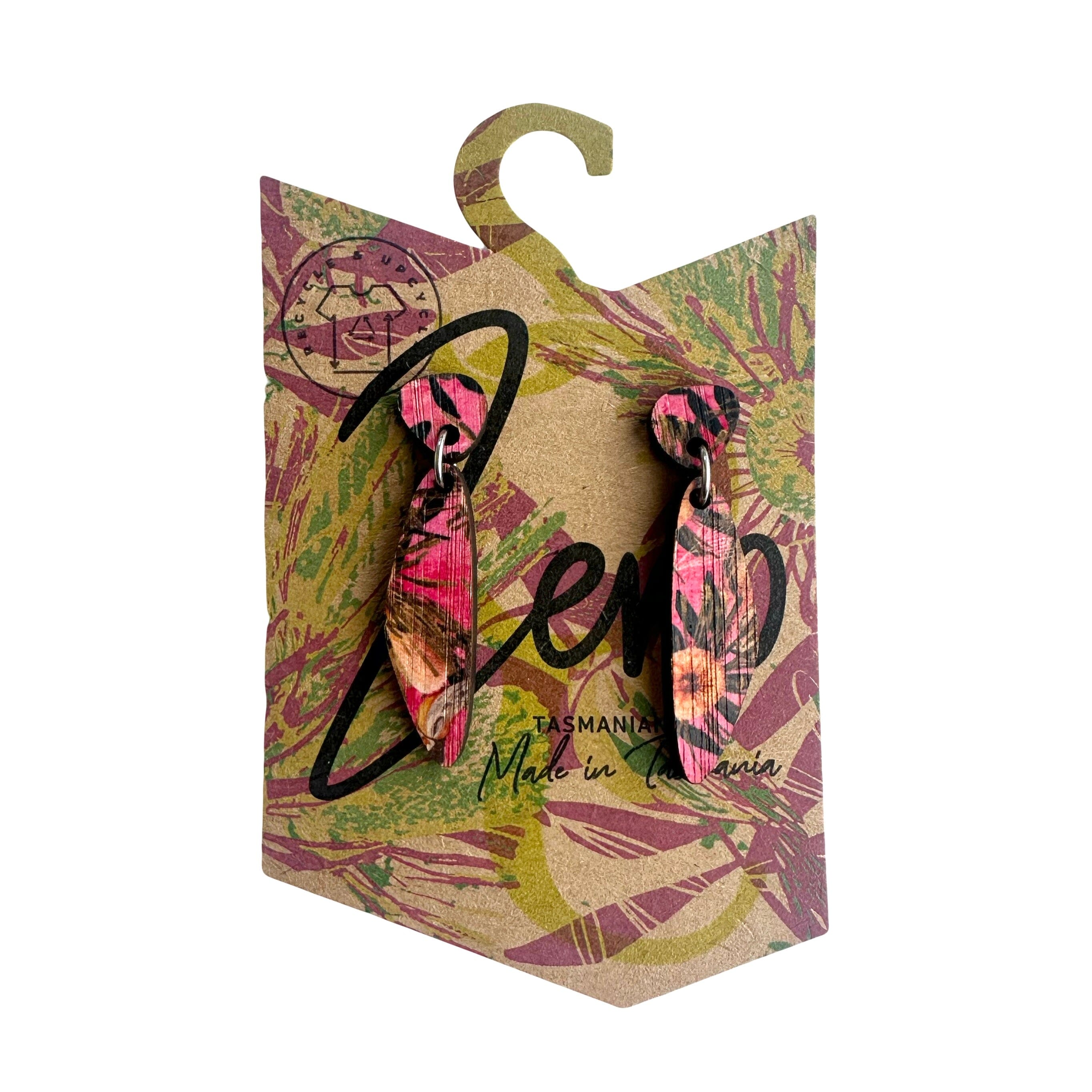 Small Earrings - Zero Waste Australian Timber Earrings The Spotted Quoll Odd Drop Pink Summer Bouquet 