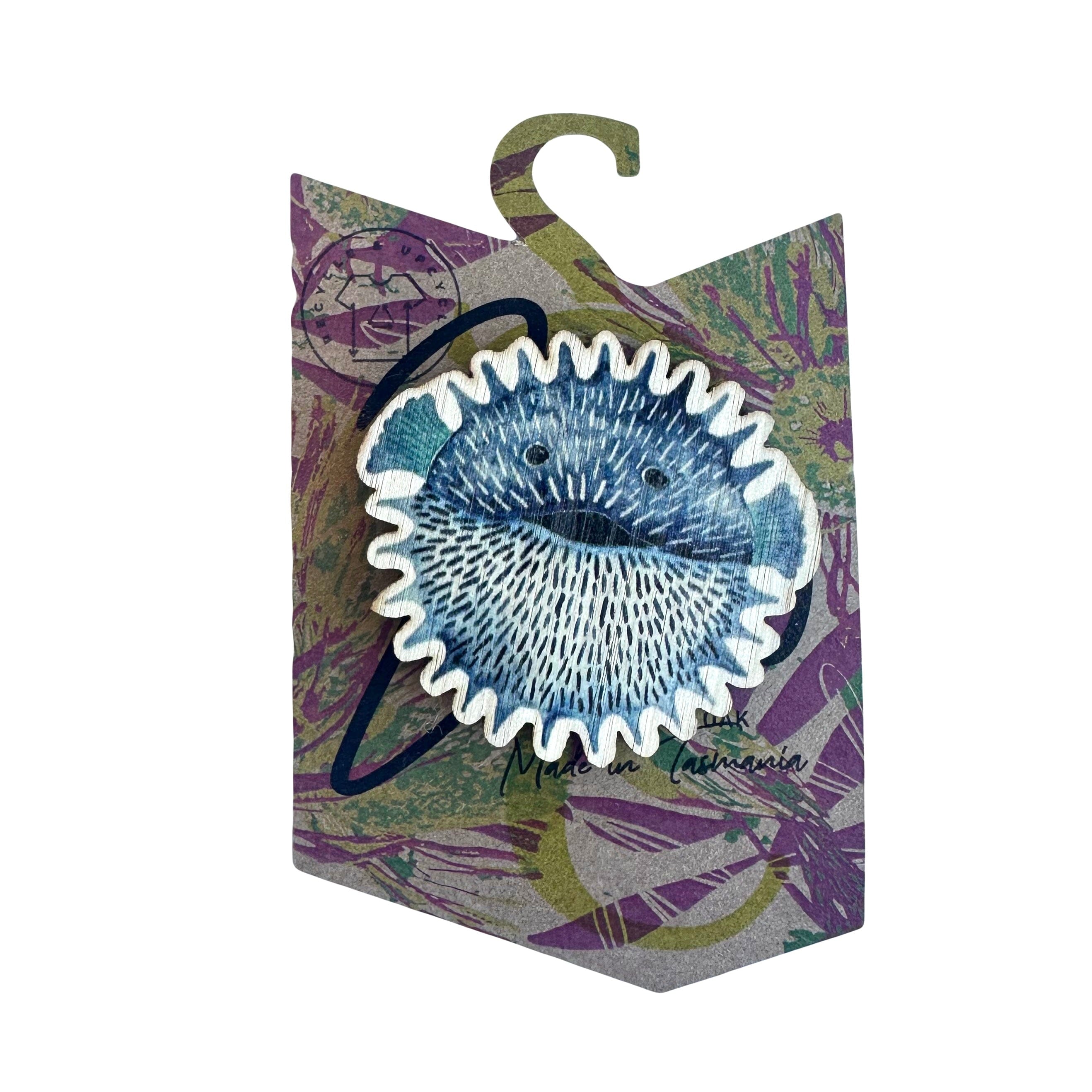 Brooches - Printed Tasmanian Oak Veneer Brooch The Spotted Quoll Puffer Fish 