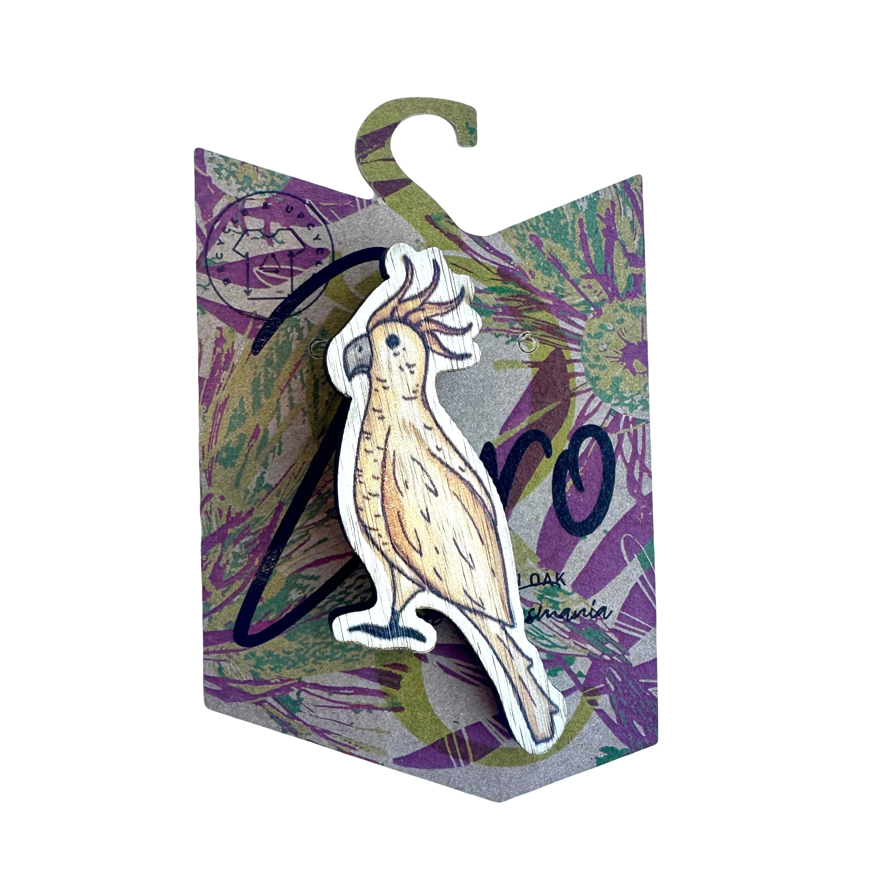 Brooches - Printed Tasmanian Oak Veneer Brooch The Spotted Quoll Cockatoo 