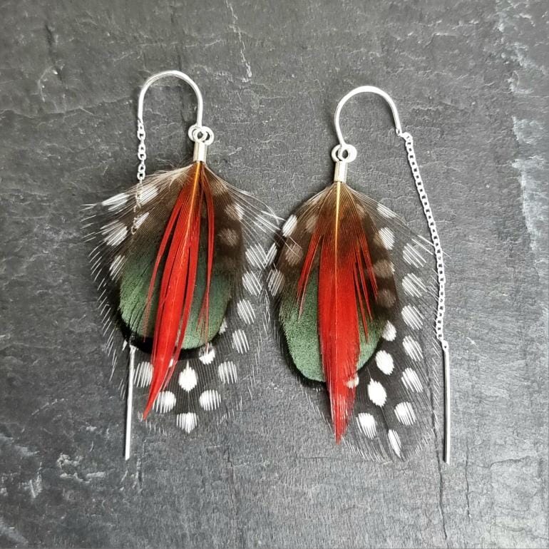 Guinea Fowl Feather Earrings - Emily Eliza Earrings Emily Eliza Arlotte Red Rooster Spot 