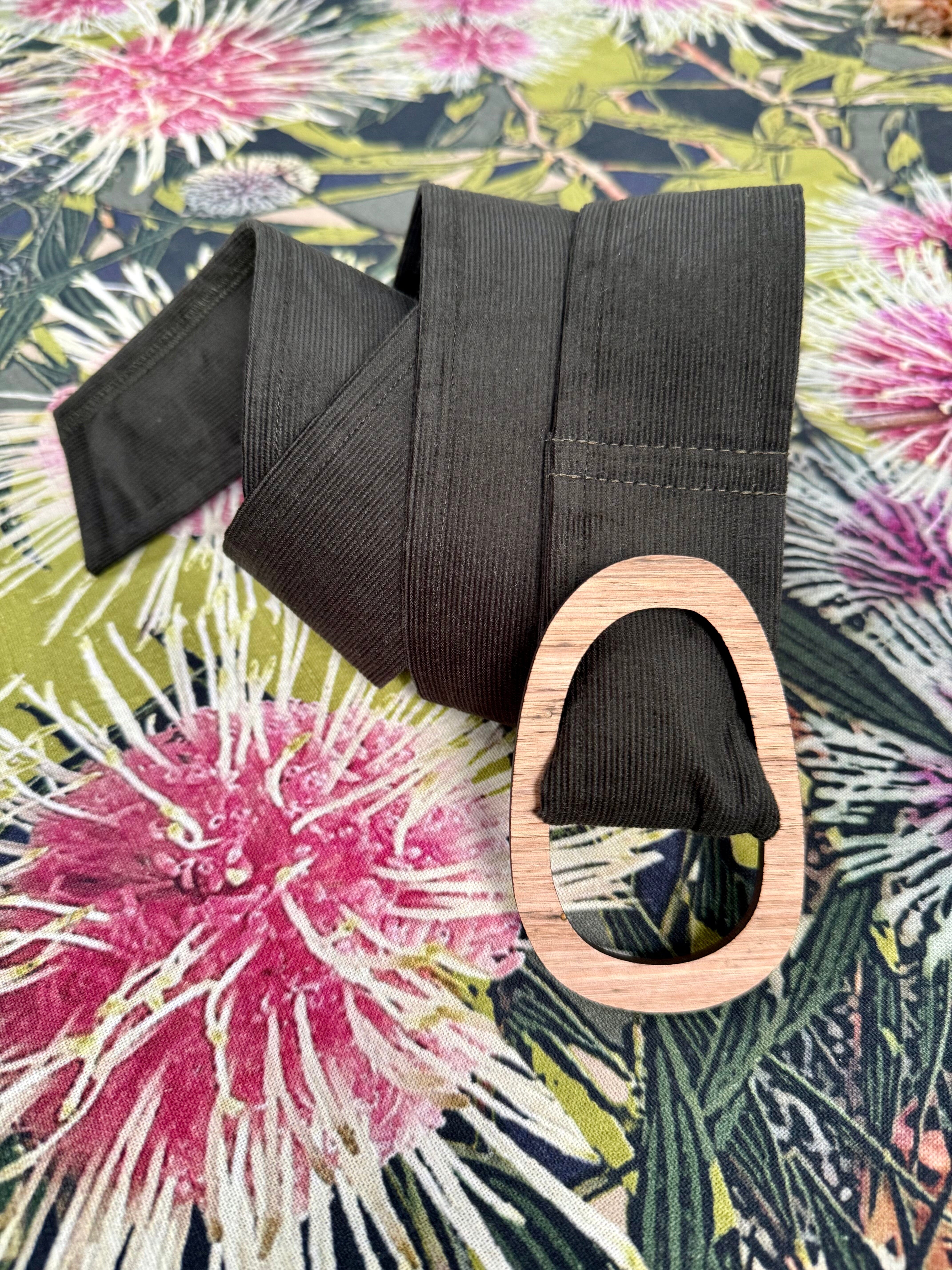 Tasmanian Oak Belts - Moss Corduroy Belt Buckles The Spotted Quoll 