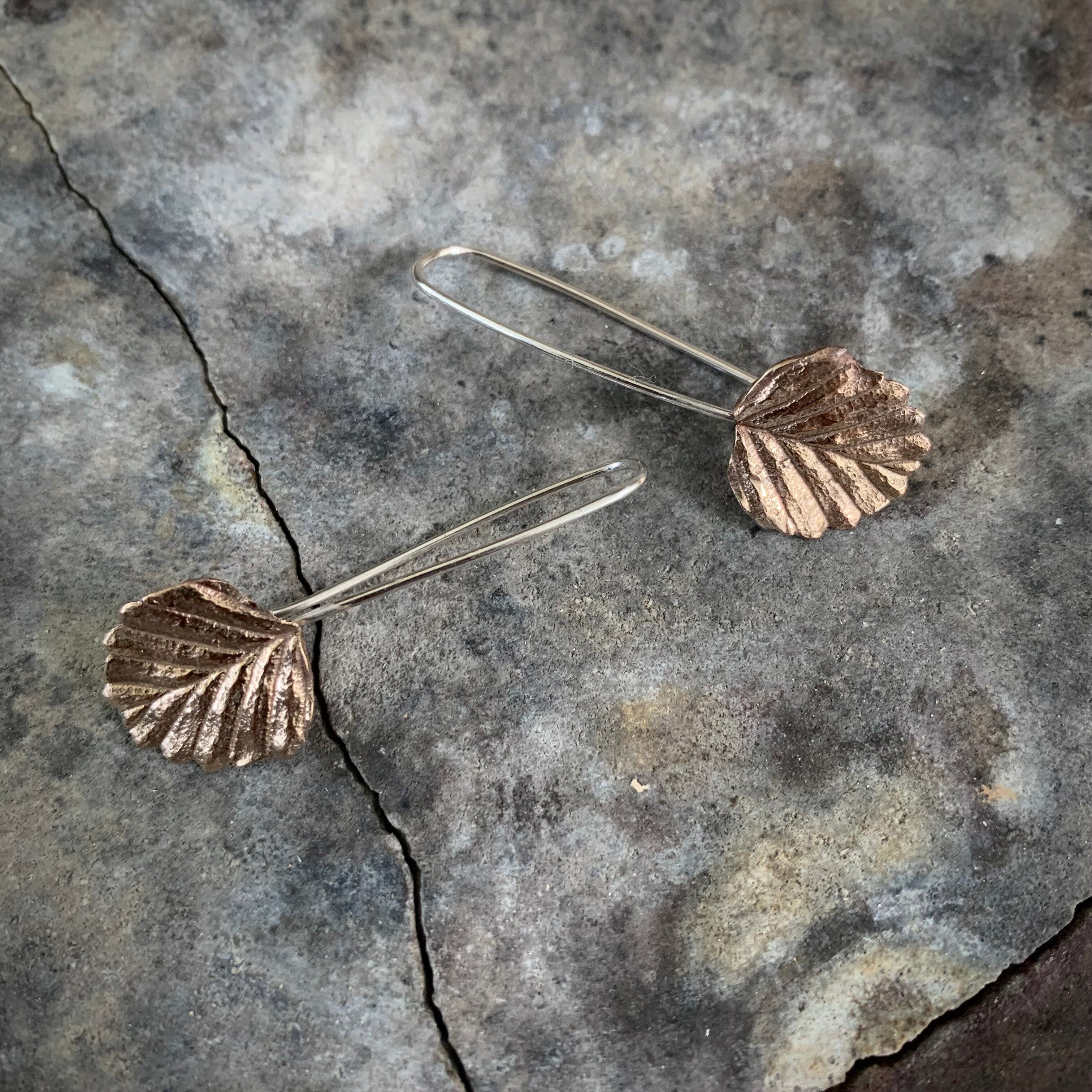 Fagus Leaf Earrings - Janny McKinnon Jewellery Janny Mckinnon Med Fagus Long Drop Hook Bronze & Silver 