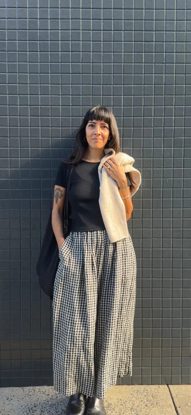 French Linen Gathered Pants in Black Gingham Pants Etika 