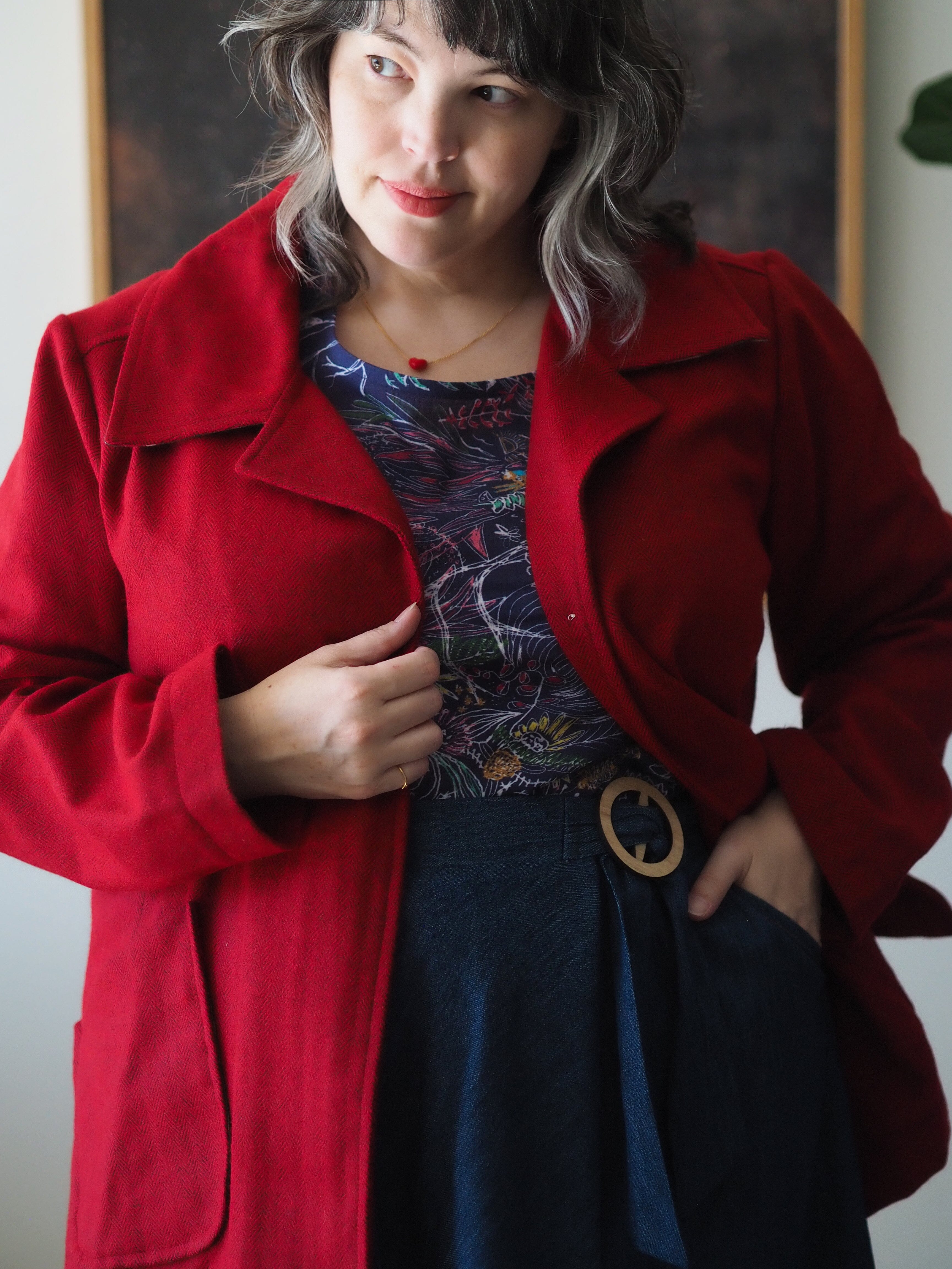 Island Pleat Wool Coat - Barn Red Herringbone Coat The Spotted Quoll 