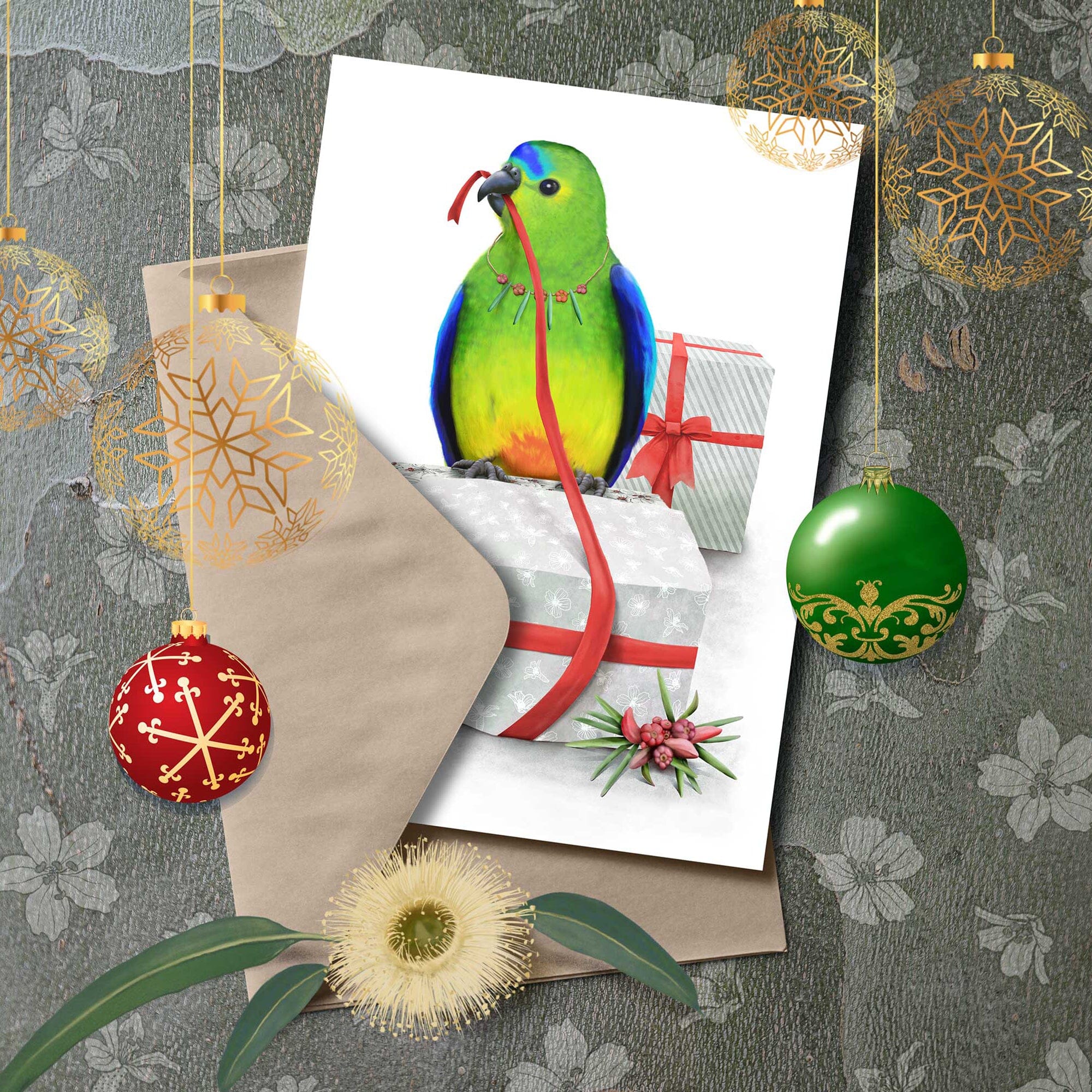 Tasmanian Xmas Greeting Cards greeting cards Cal Heath Orange-bellied Parrot 