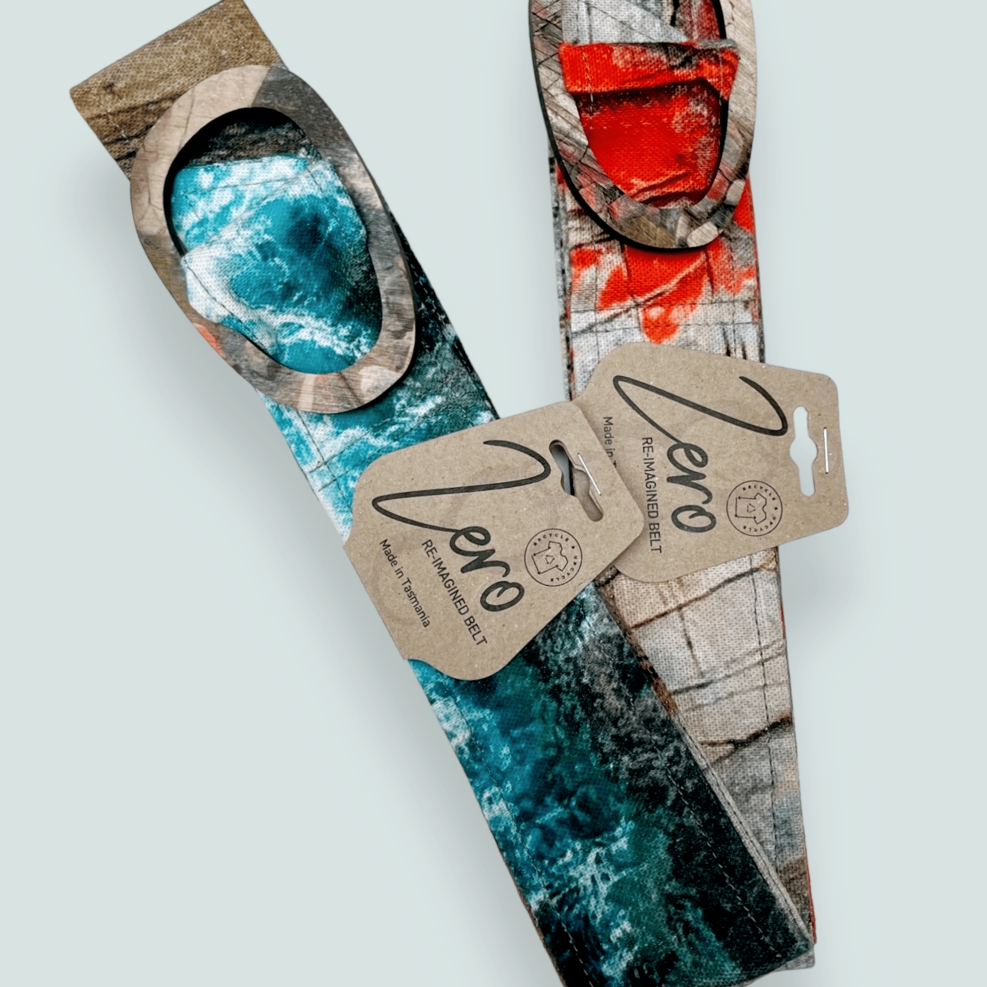 Tasmanian Oak Belts - Printed Organic Linen Belt Buckles The Spotted Quoll Aerial Bay of Fires Printed S - 110cm