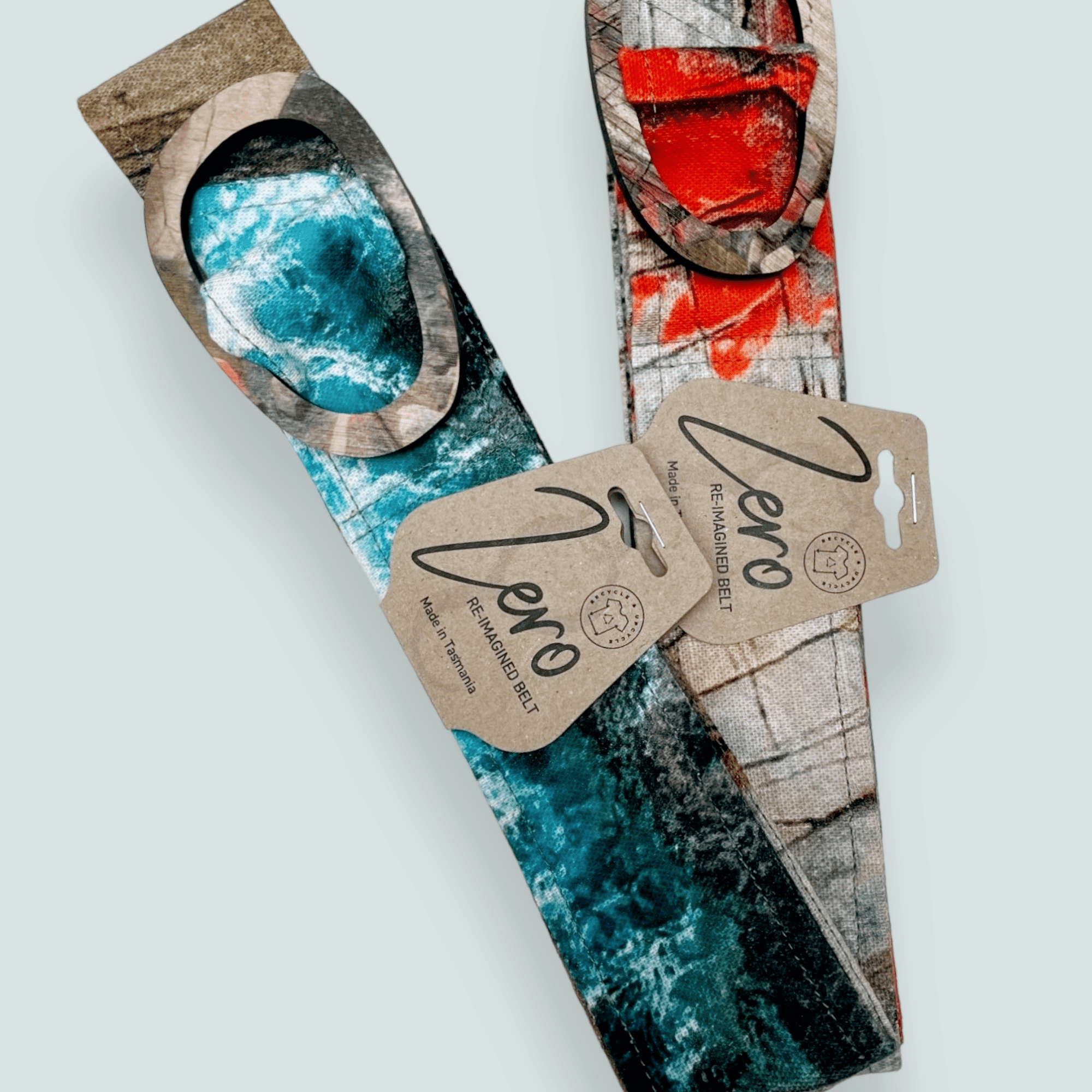 Tasmanian Oak Belts - Printed Organic Linen Belt Buckles The Spotted Quoll Aerial Bay of Fires Printed S -110cm