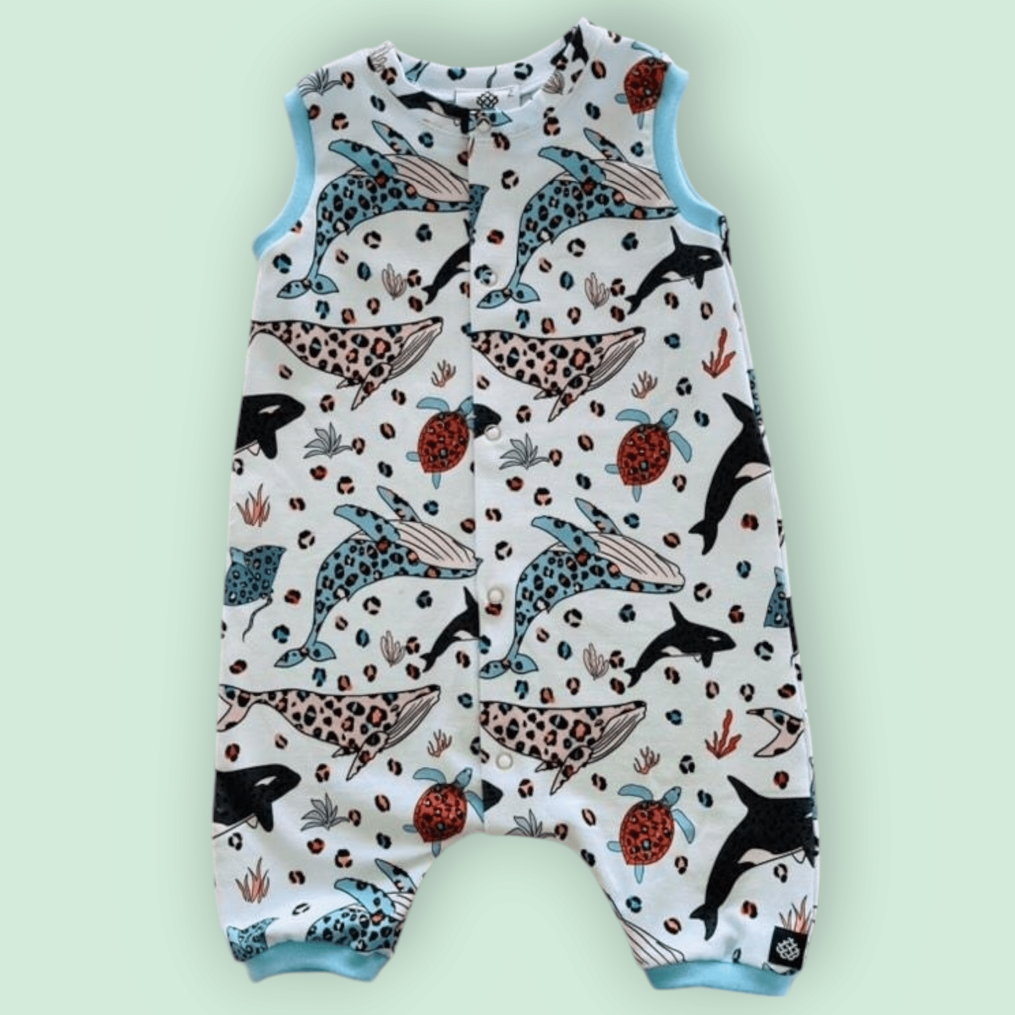 Baby Bodysuits - Worm Wear Tasmania Bodysuits Worm Wear Tasmania 2 Sunsuit Leopard Whales & Pale Blue