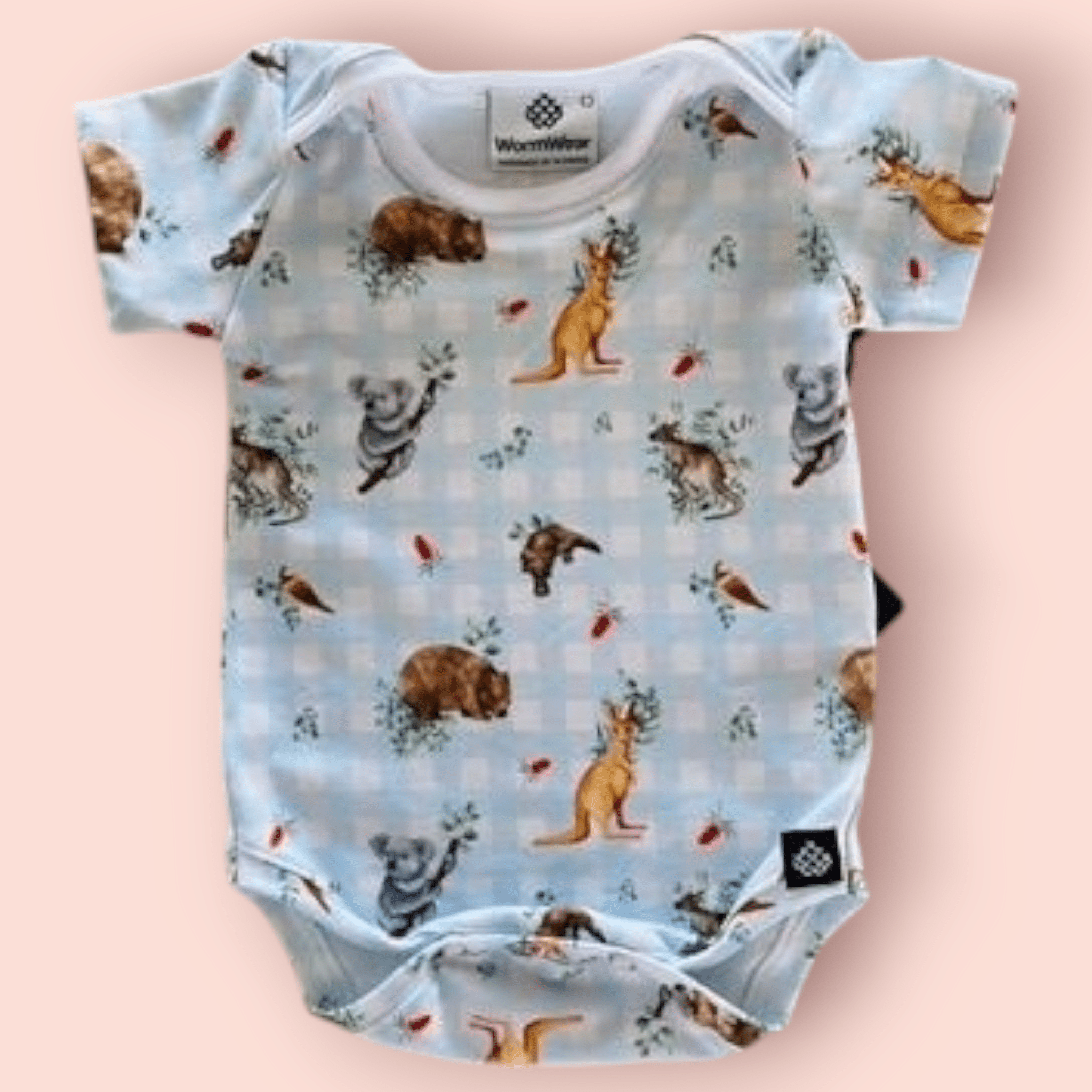 Baby Bodysuits - Worm Wear Tasmania Bodysuits Worm Wear Tasmania 0 Bodysuit Blue Gingham Aussie Animals